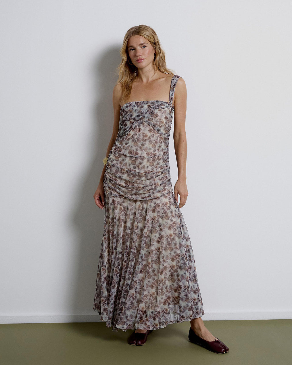 Vestido Estampado Tul Drapeados Multicolor