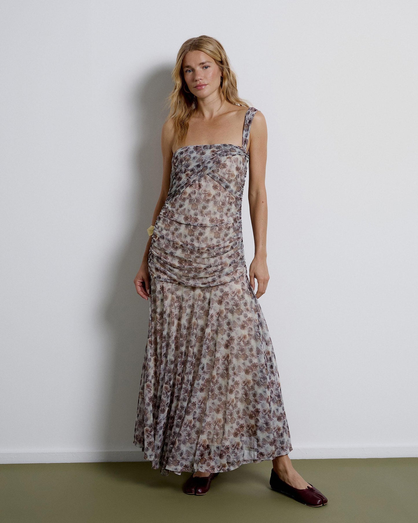 Vestido Estampado Tul Drapeados Multicolor