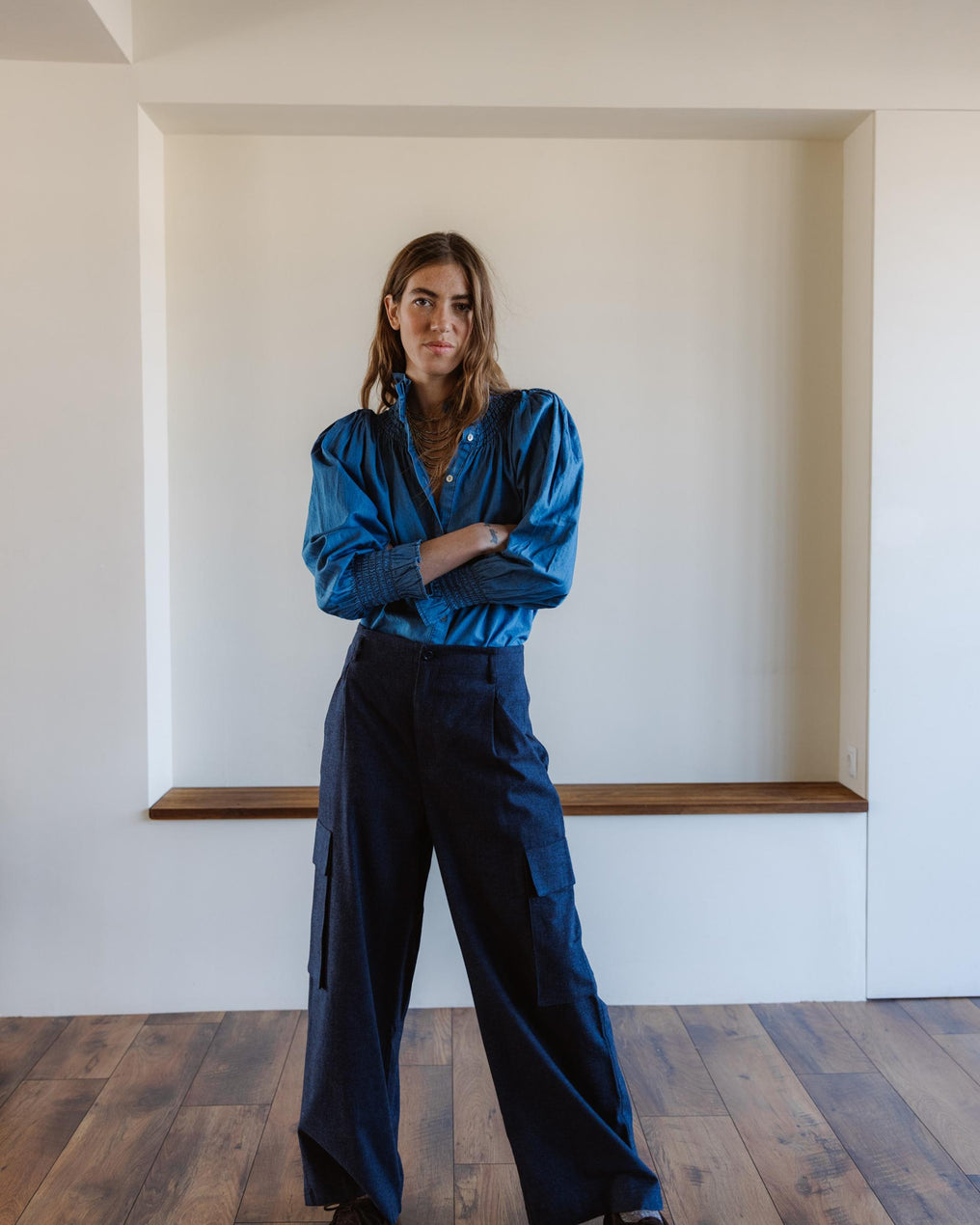 Blouse Col Montant Type Denim Bleu Jean