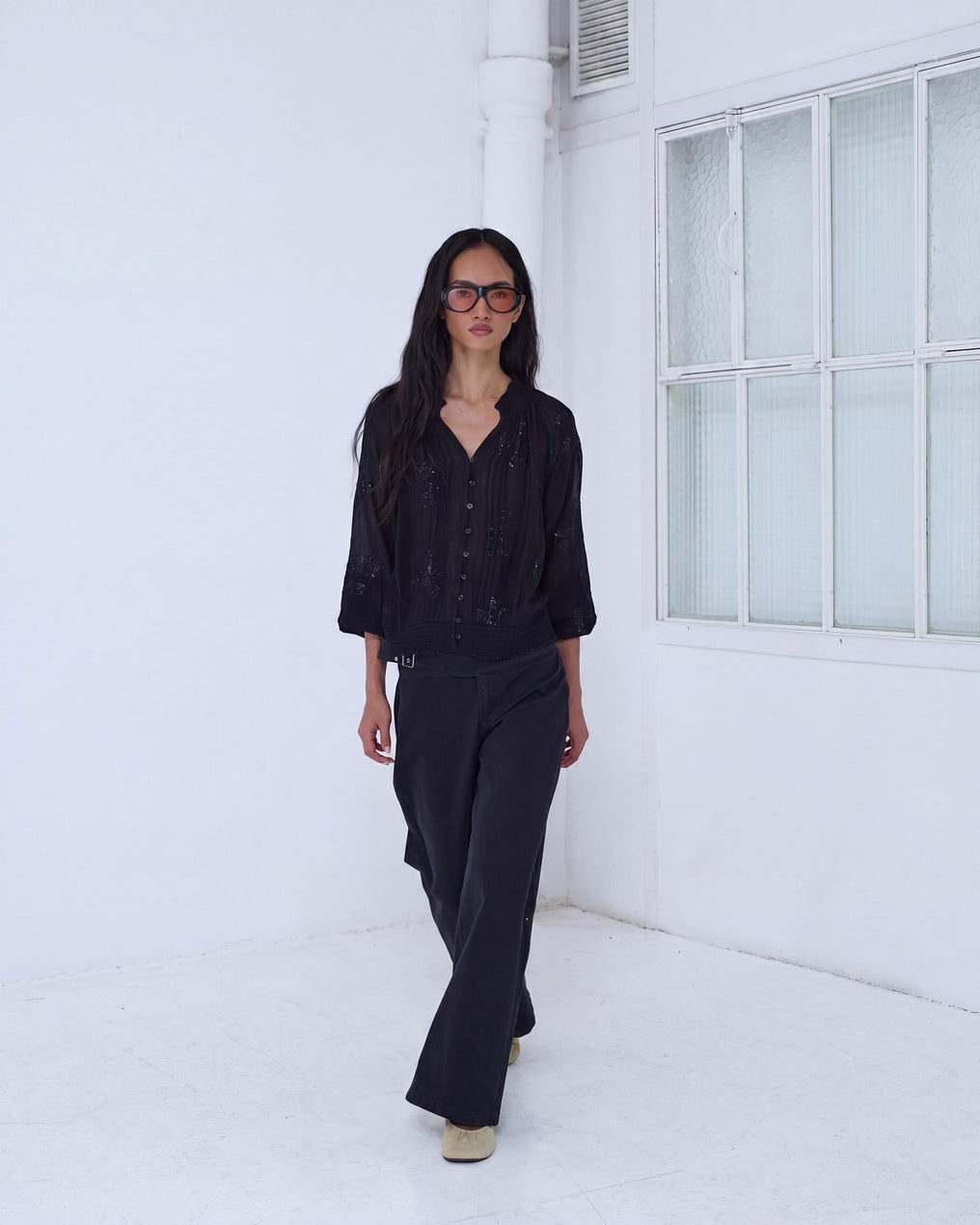 Black Sequin Blouse with Elasticated Hem