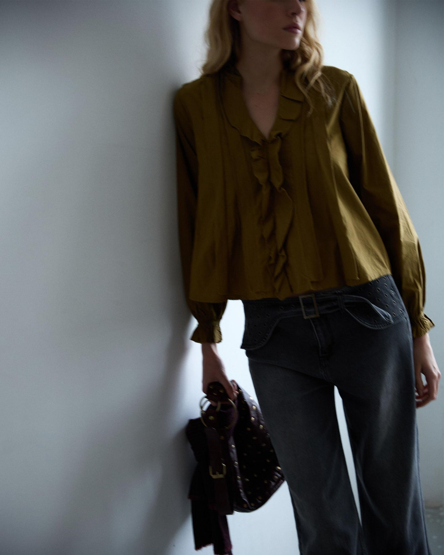 Green V-Neck Ruffle Blouse