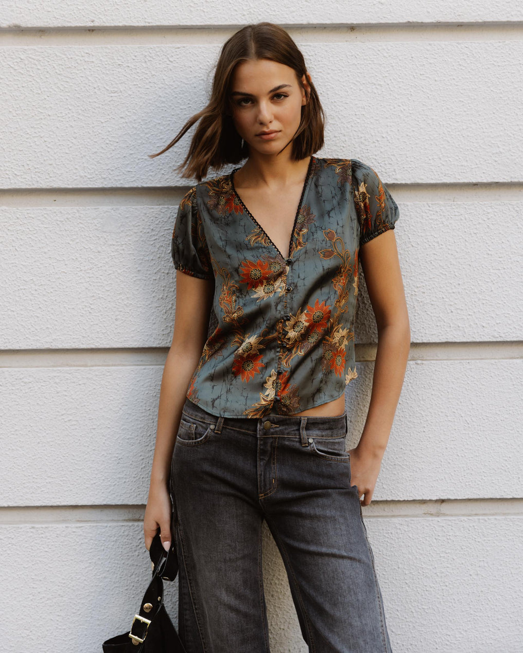 Top Manga Corta Botones Estampado Floral Verde