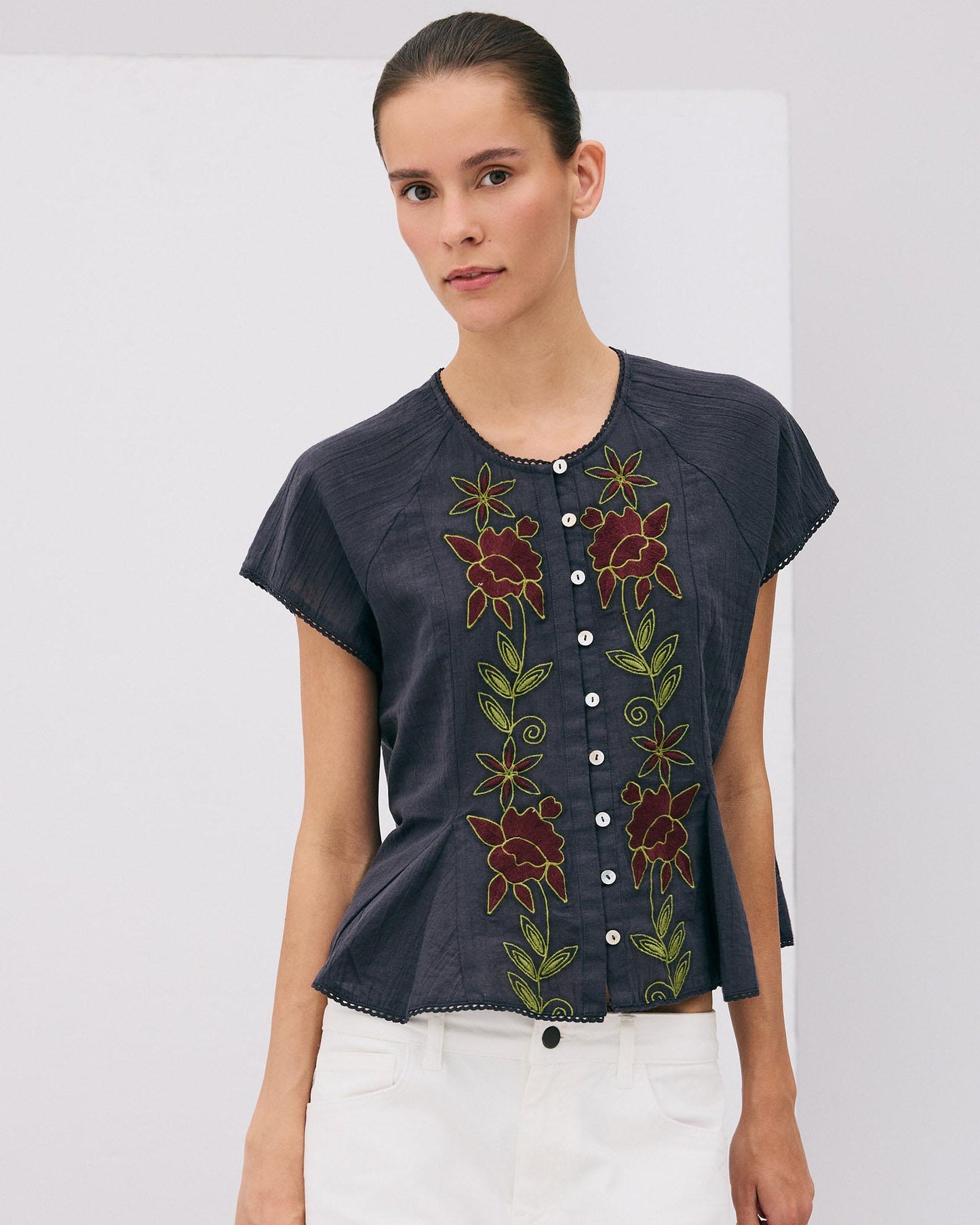 Anthracite Floral Embroidered Sleeveless Blouse