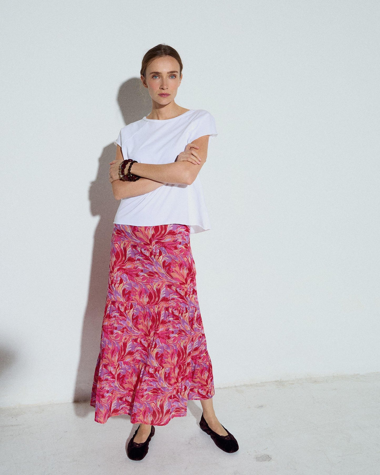 Falda Fluida Estampado Floral Fucsia