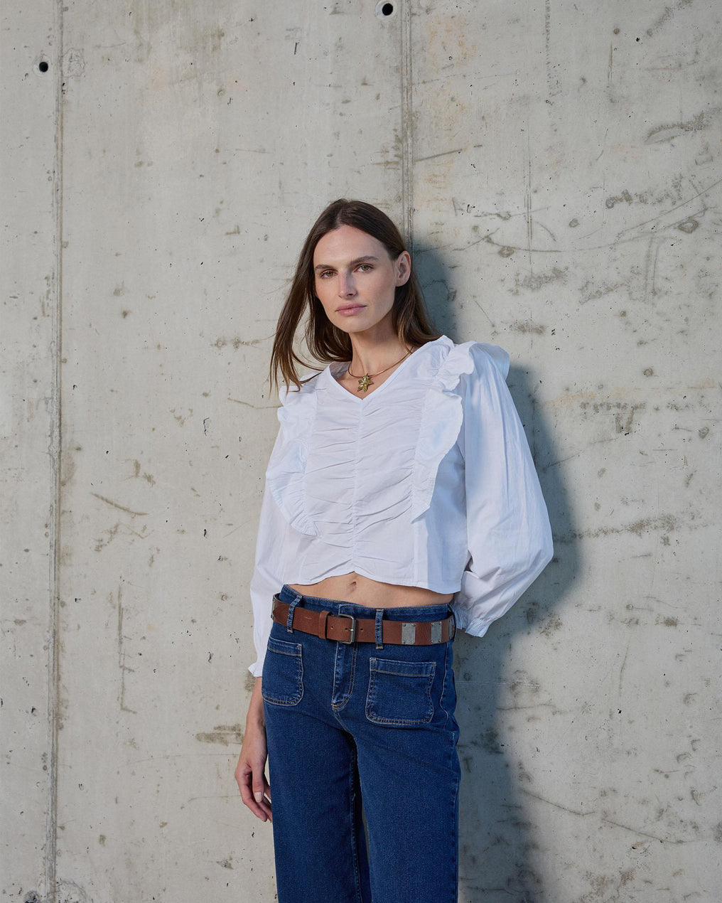 Blusa Fruncido Volante Blanca