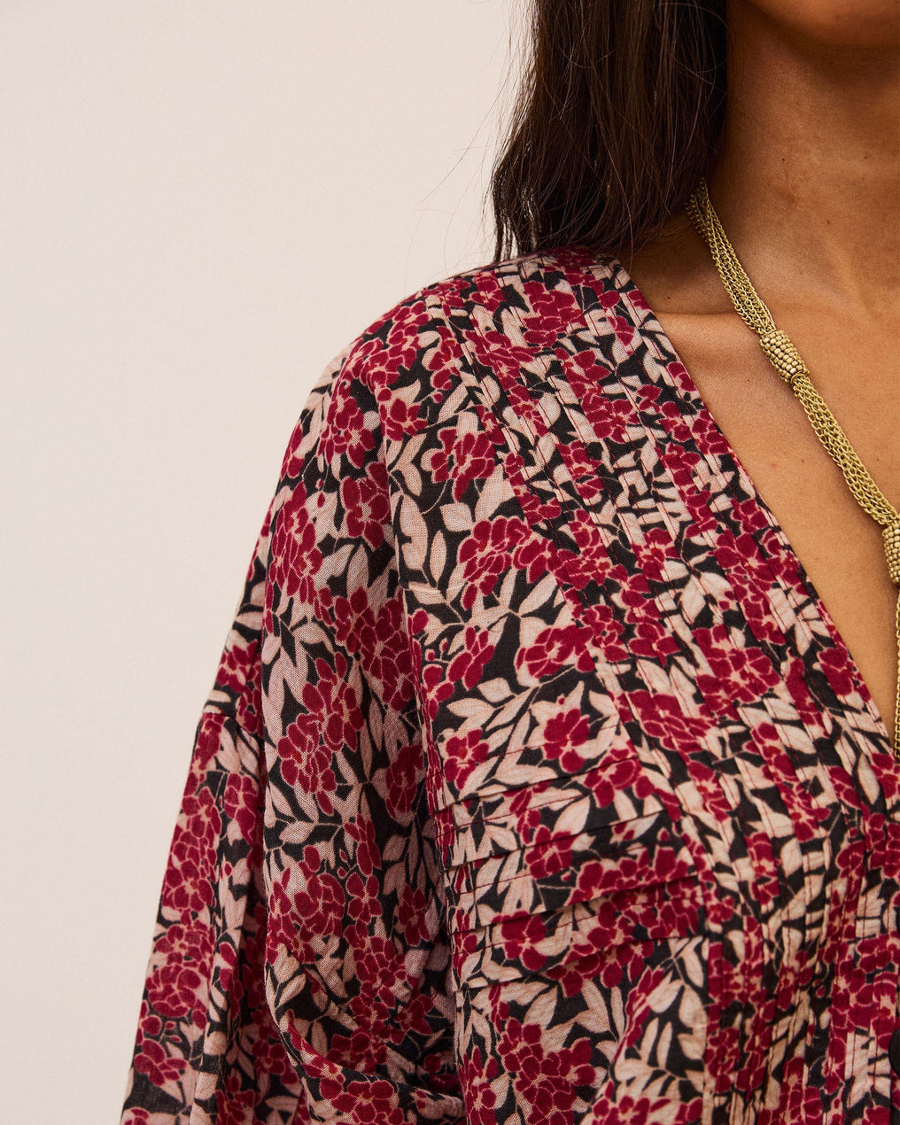 Blouse Plissée à Imprimé Floral Grenat