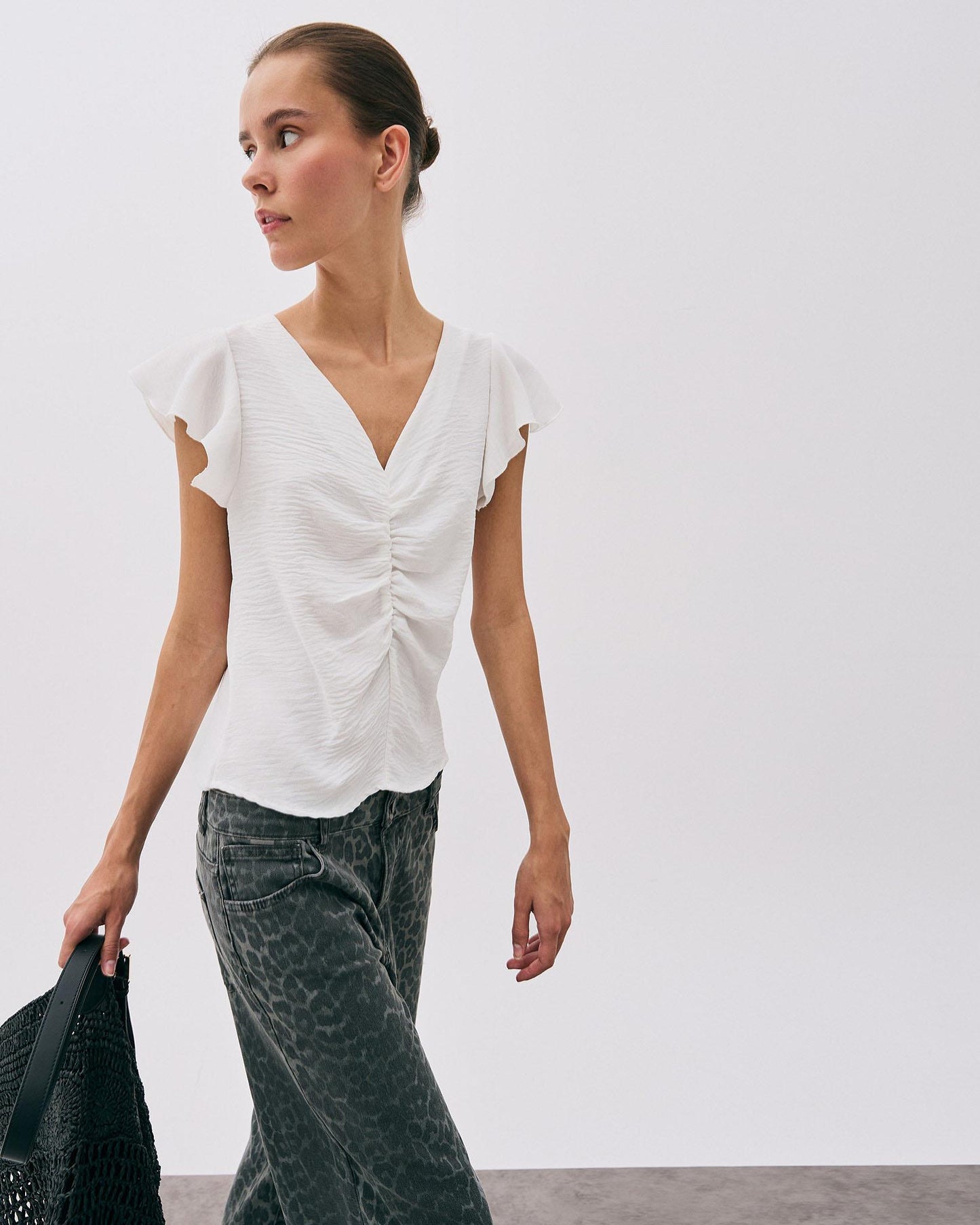 Blusa Manga Corta Frunce Blanca