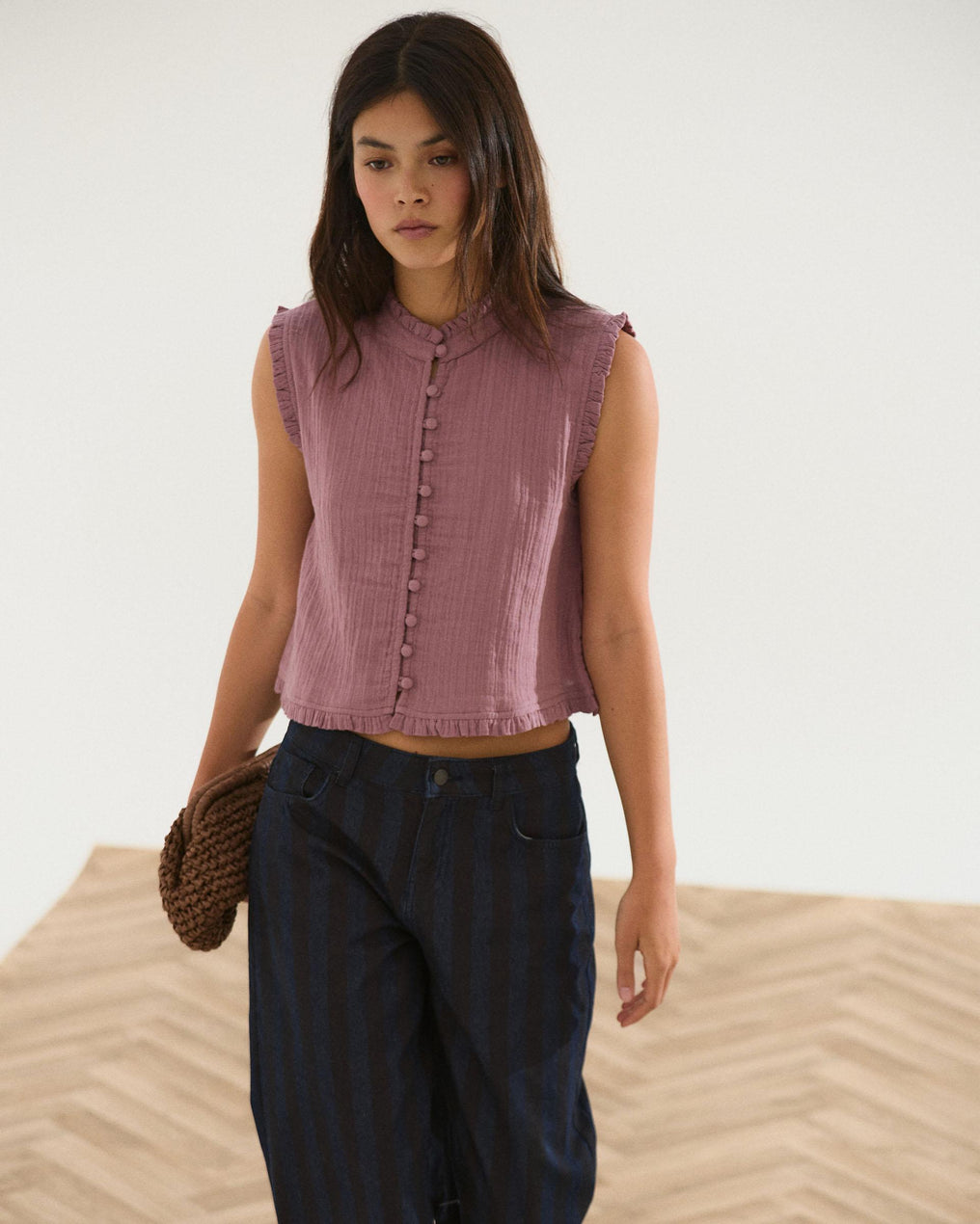 Top Botones Forrados Volante Rosa