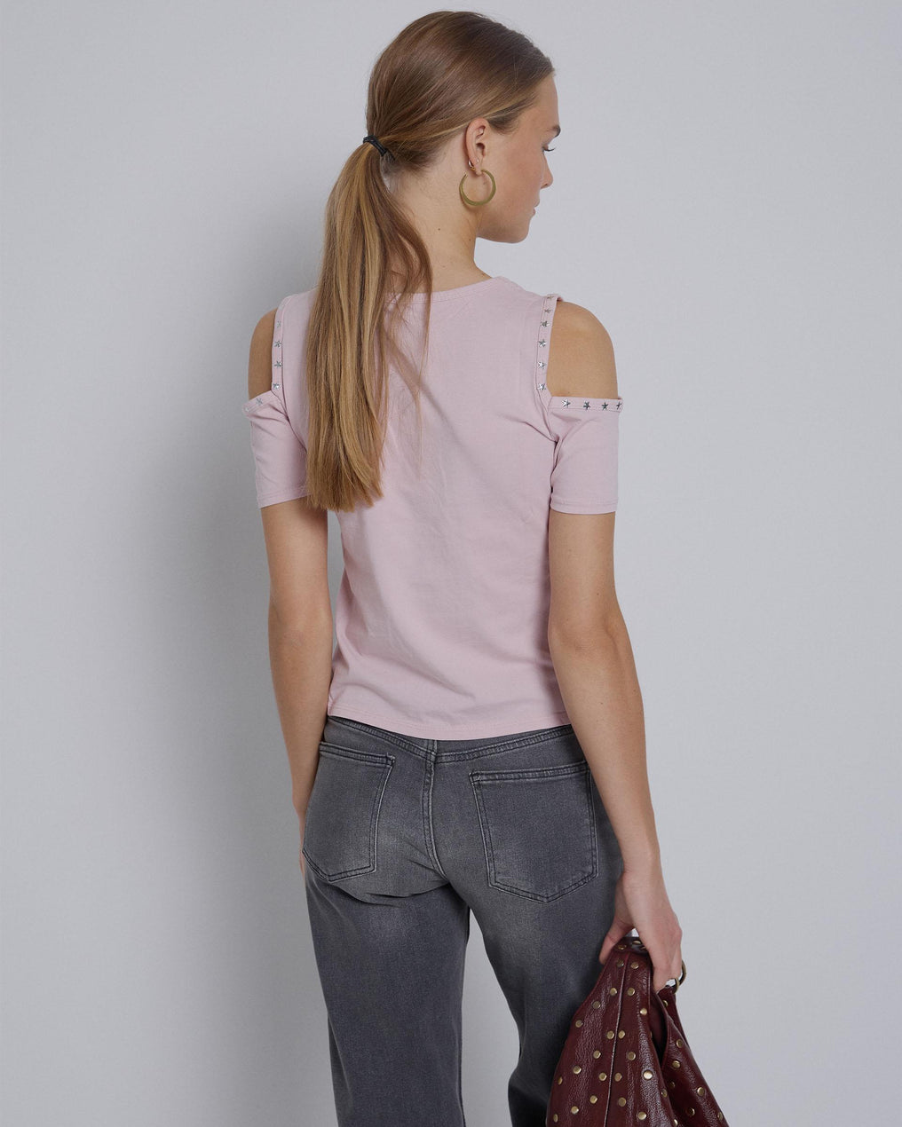Pink Studded Shoulder Opening T-shirt
