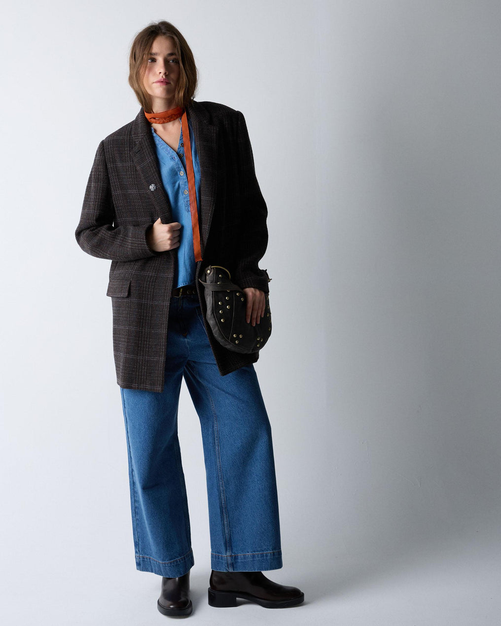 Abrigo Cuadros Solapa Mezcla Lana Marrón