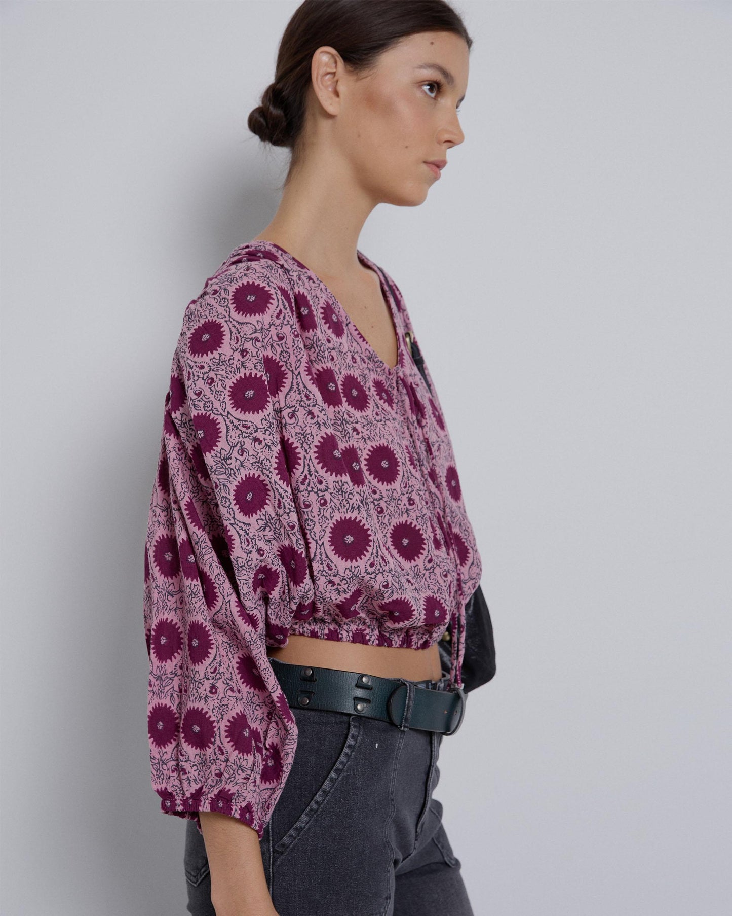 Blusa Frunce Estampada Rosa