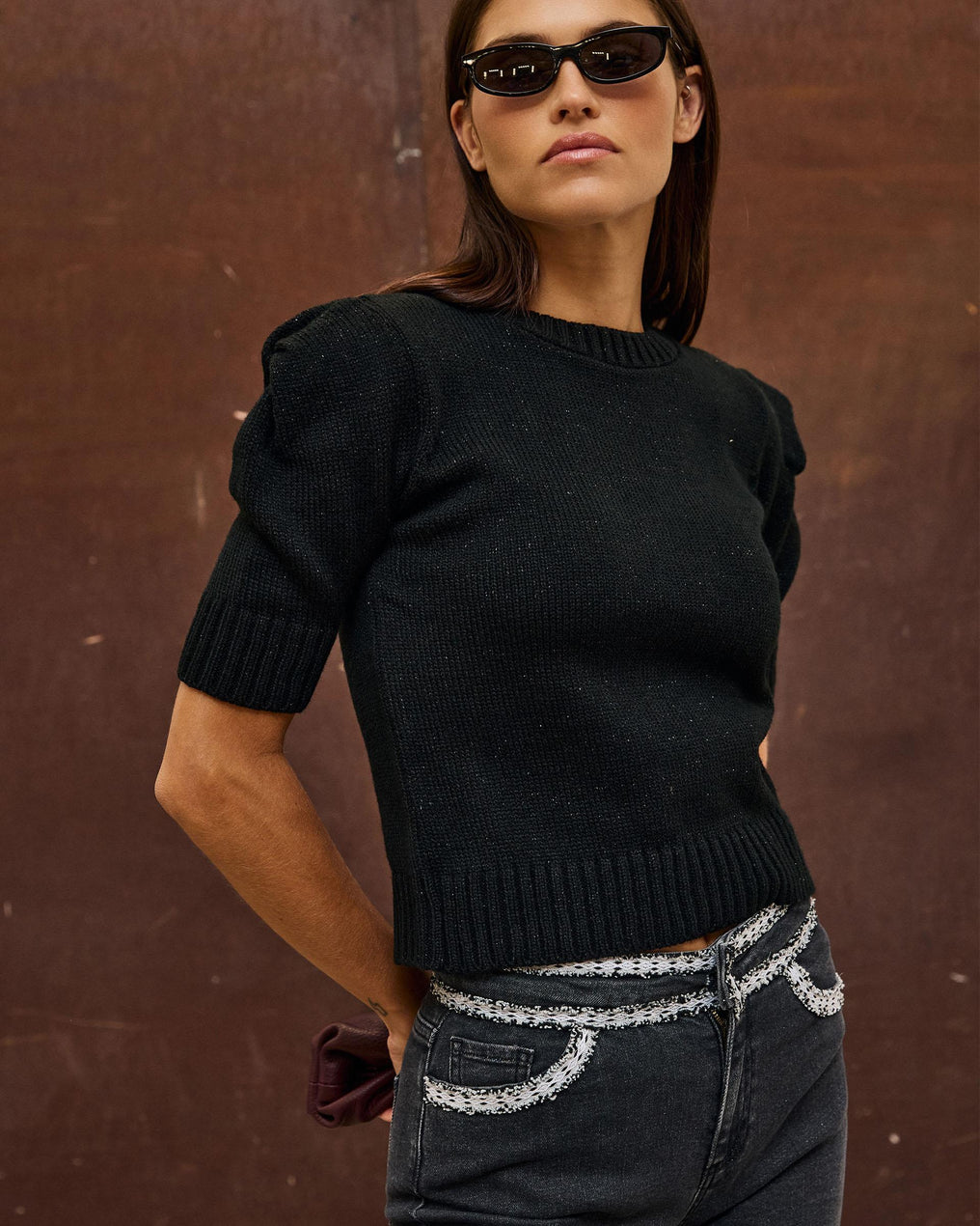 Top Punto Hombreras Lurex Negro