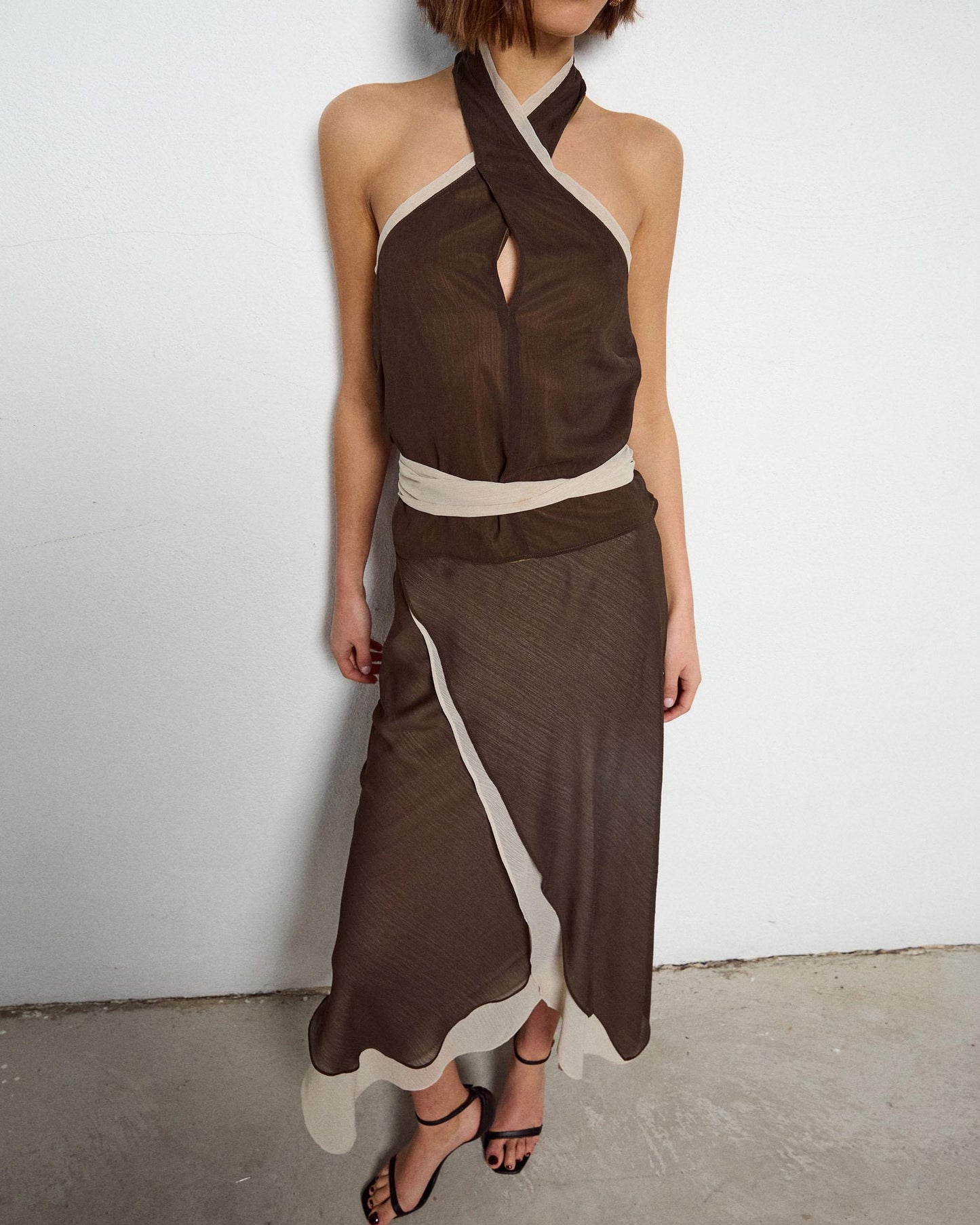 Top Gasa Contraste Verde Oscuro