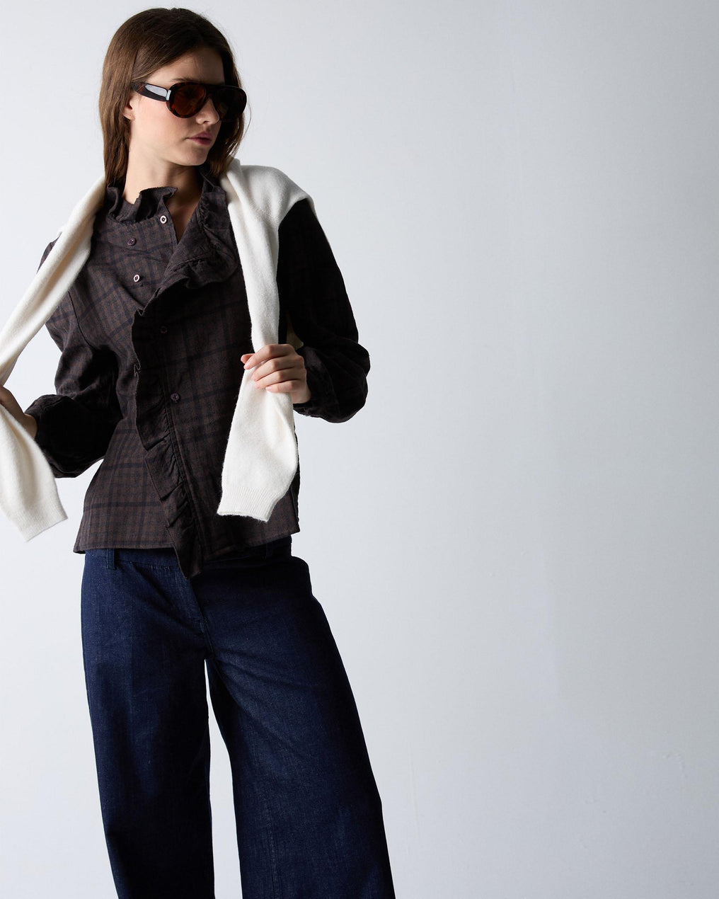 Blusa Volante Lateral Cuadros Marrón