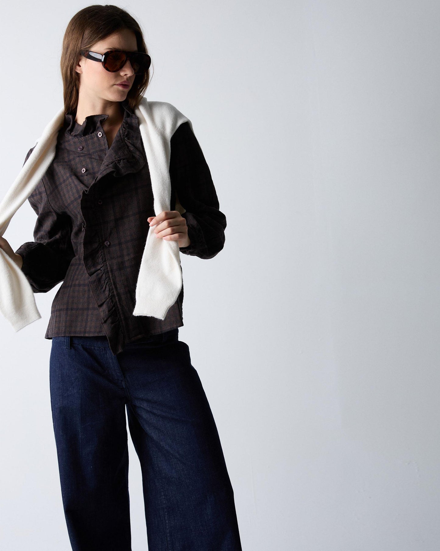 Blusa Volante Lateral Cuadros Marrón