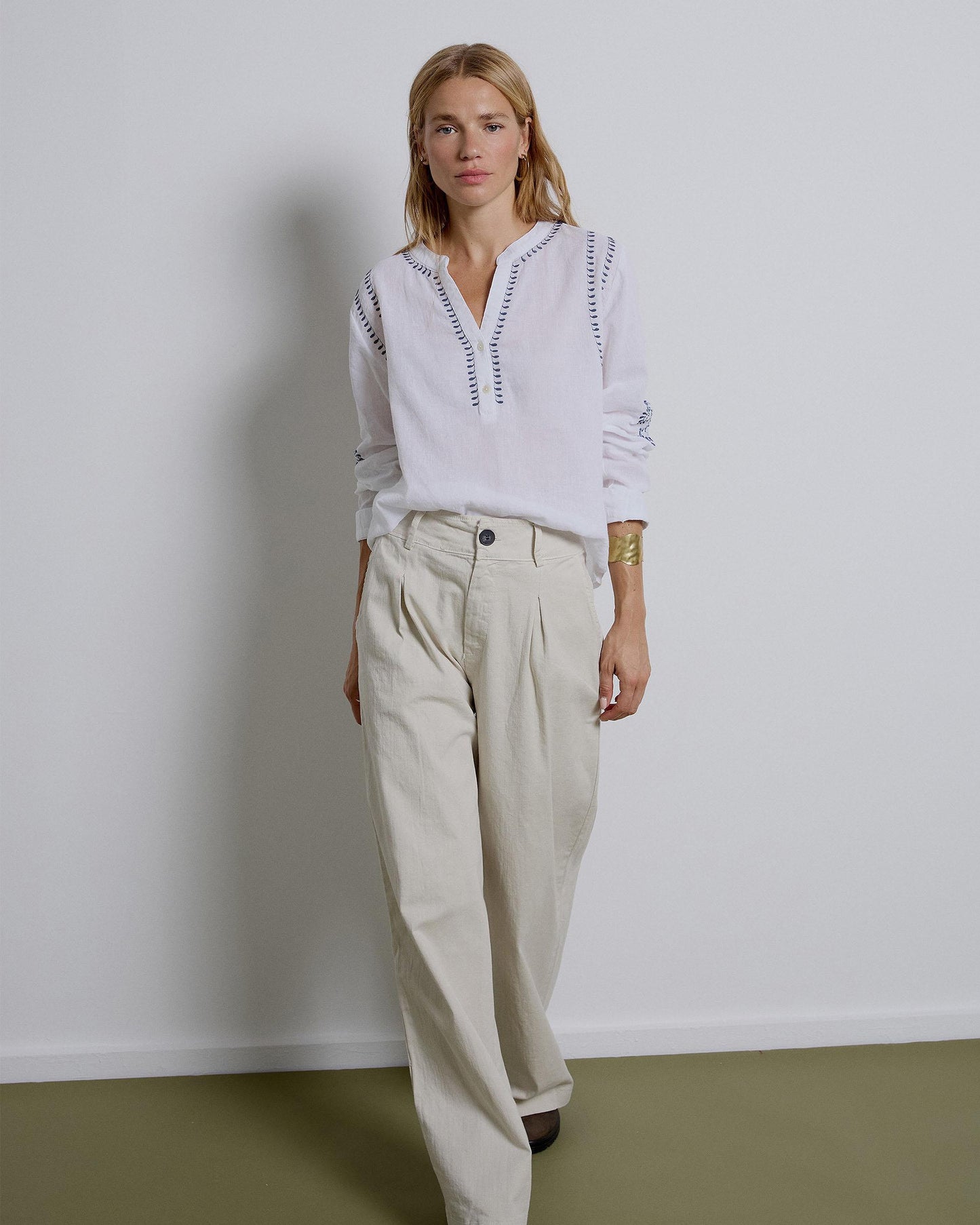 Beige Long Pleated Trousers