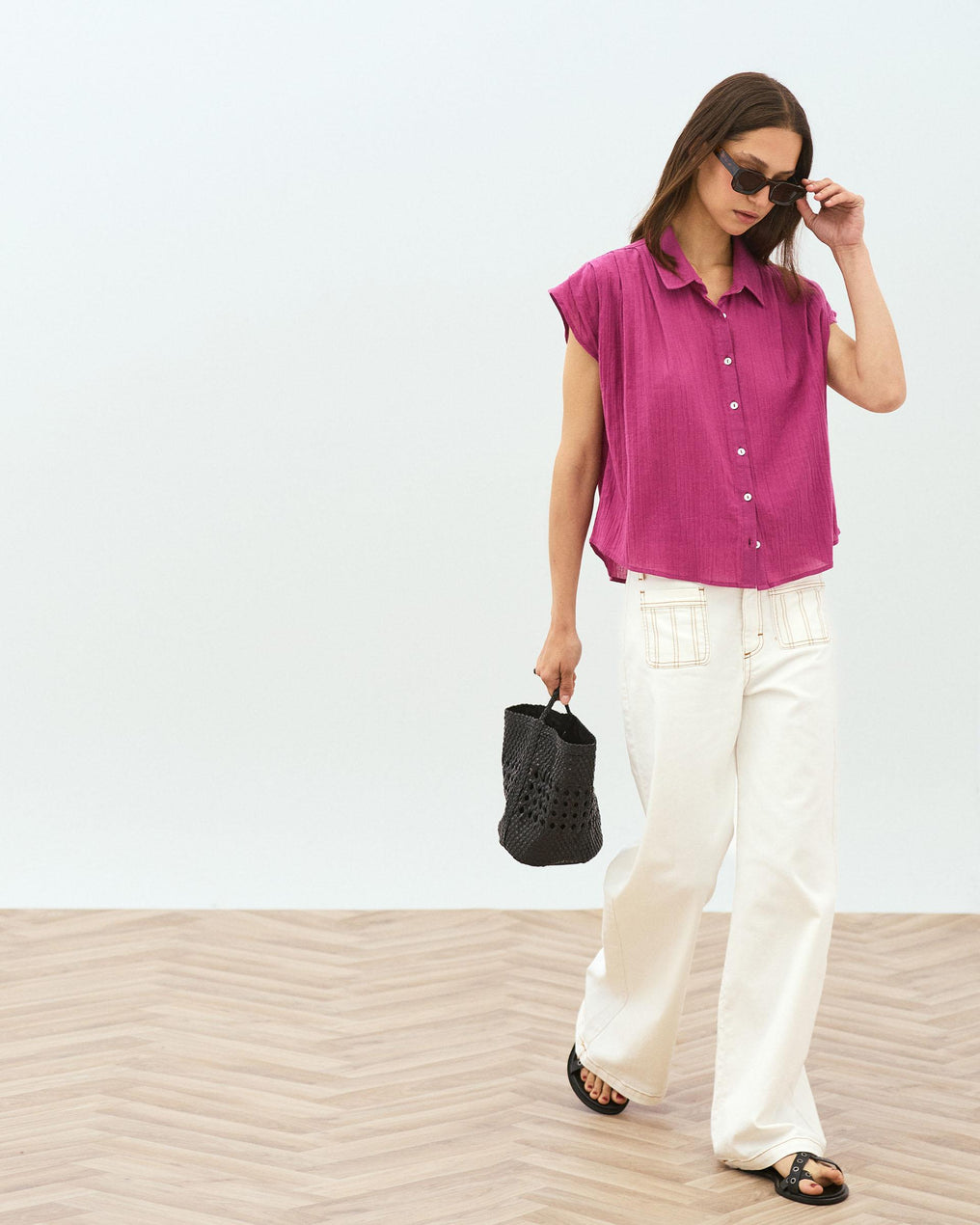 Fuchsia Pleated Sleeveless Shirt