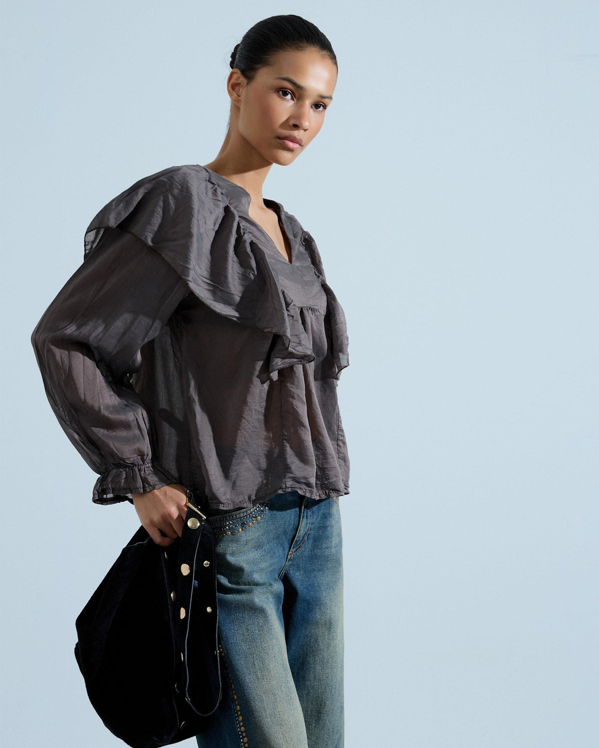 Blusa Canesú Volantes Hombros Marrón