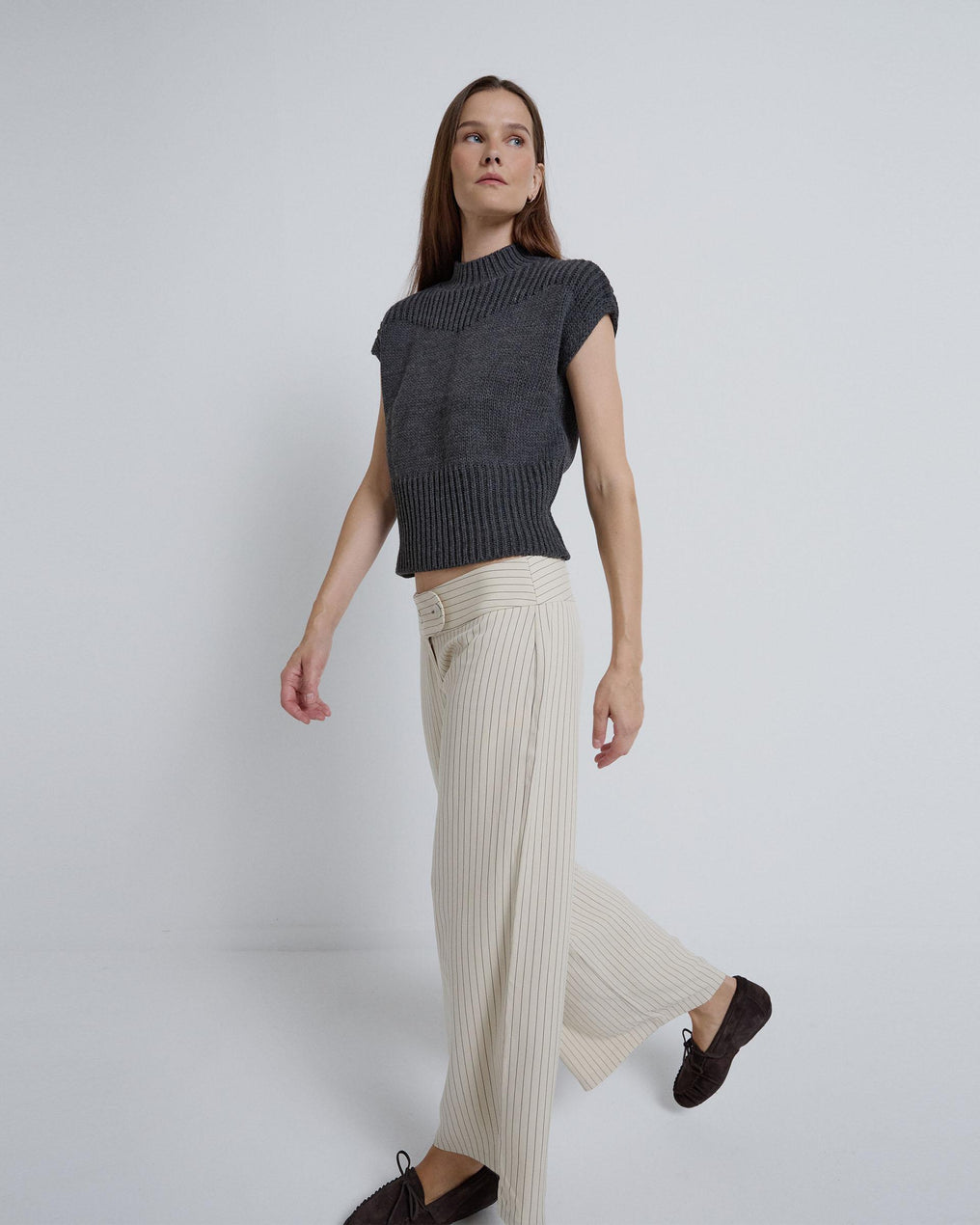 Double Button Striped Pants Ecru