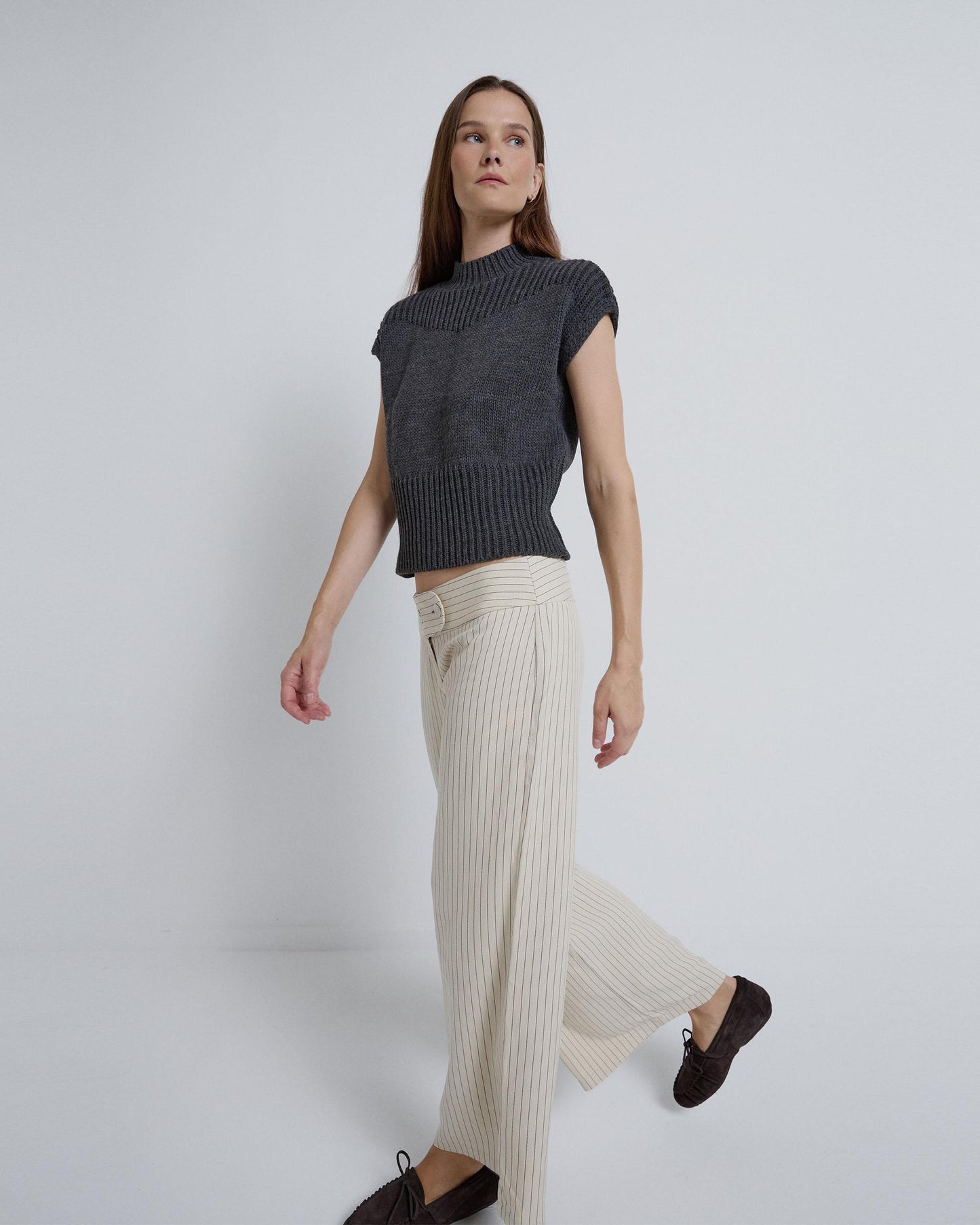 Double Button Striped Pants Ecru