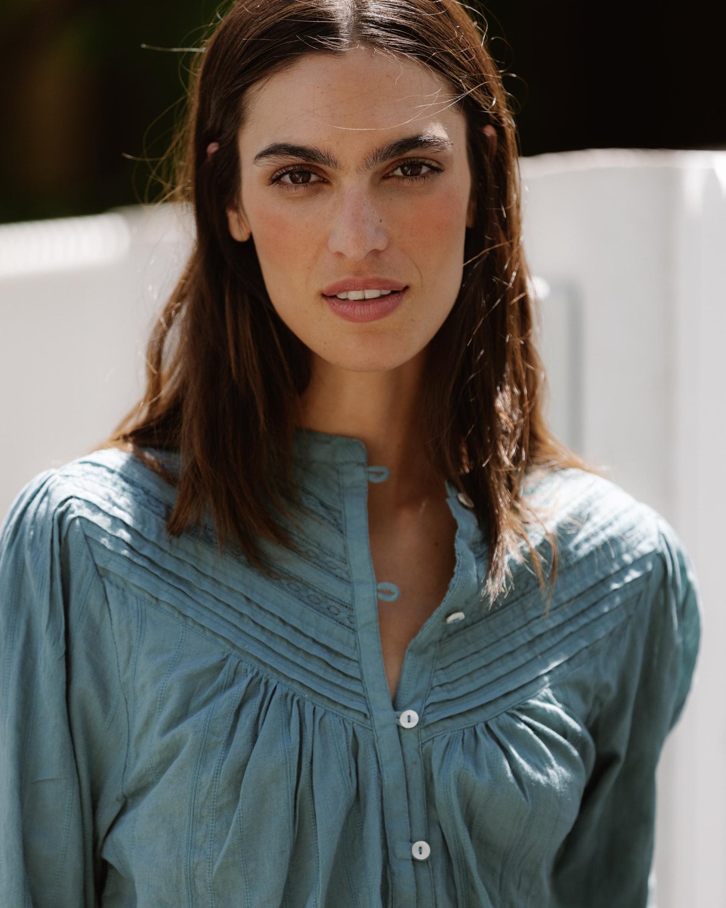 Blouse Tissu Rayures Dentelles Vert D’eau