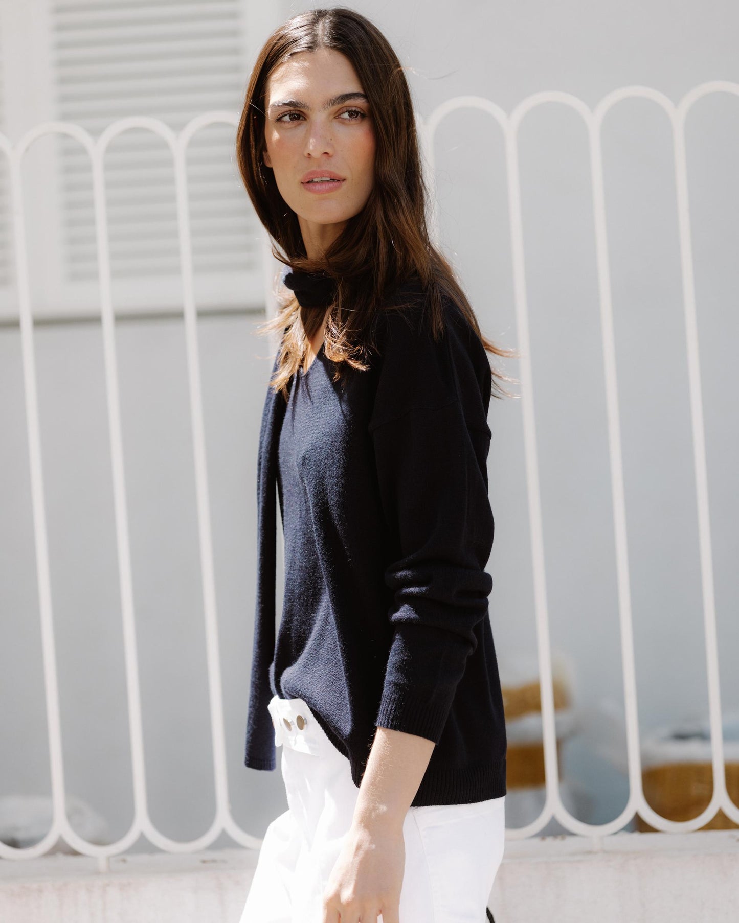 Sweater de Malha Fina Cachecol Azul Marinho