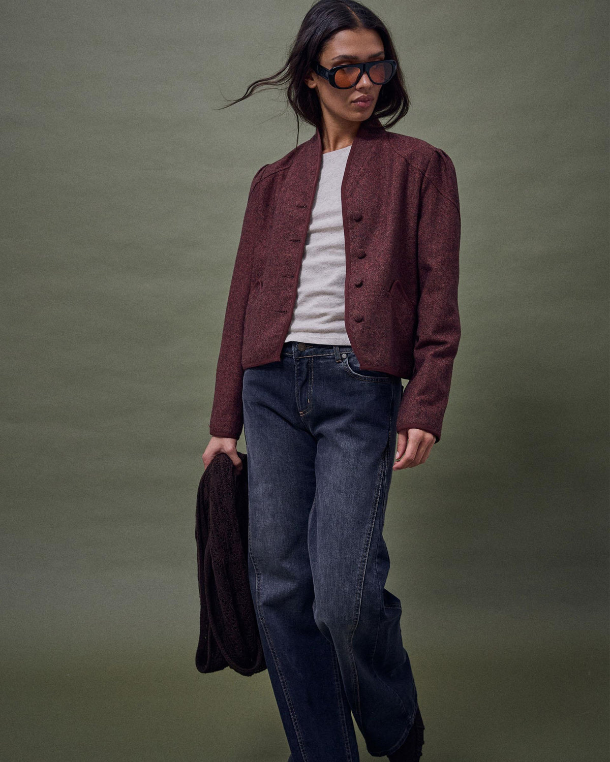 Chaqueta Ribete Contraste Mezcla Lana Teja