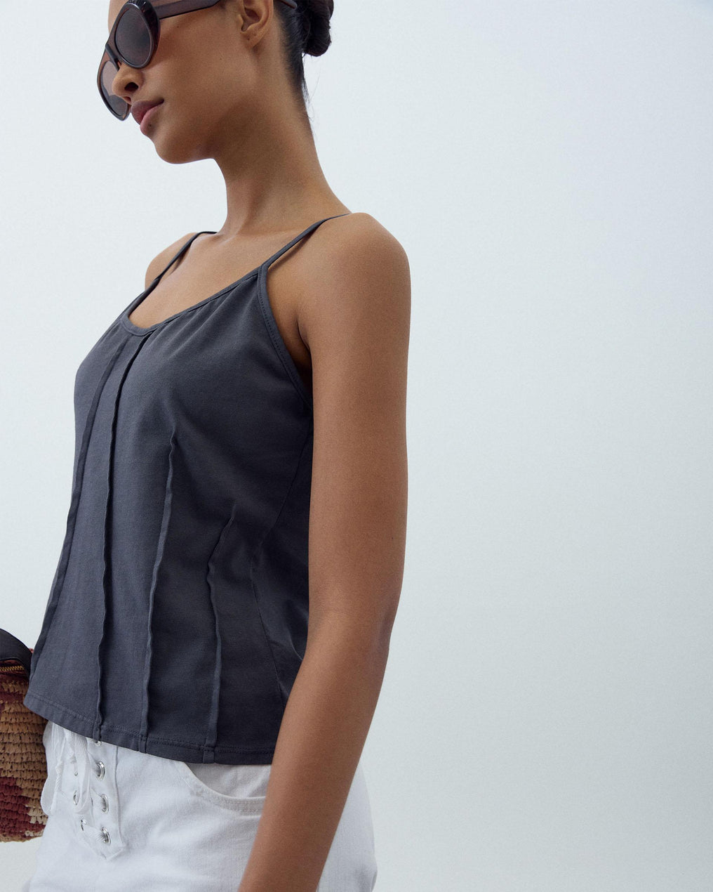 T-shirt Alças Nervuras Antracite