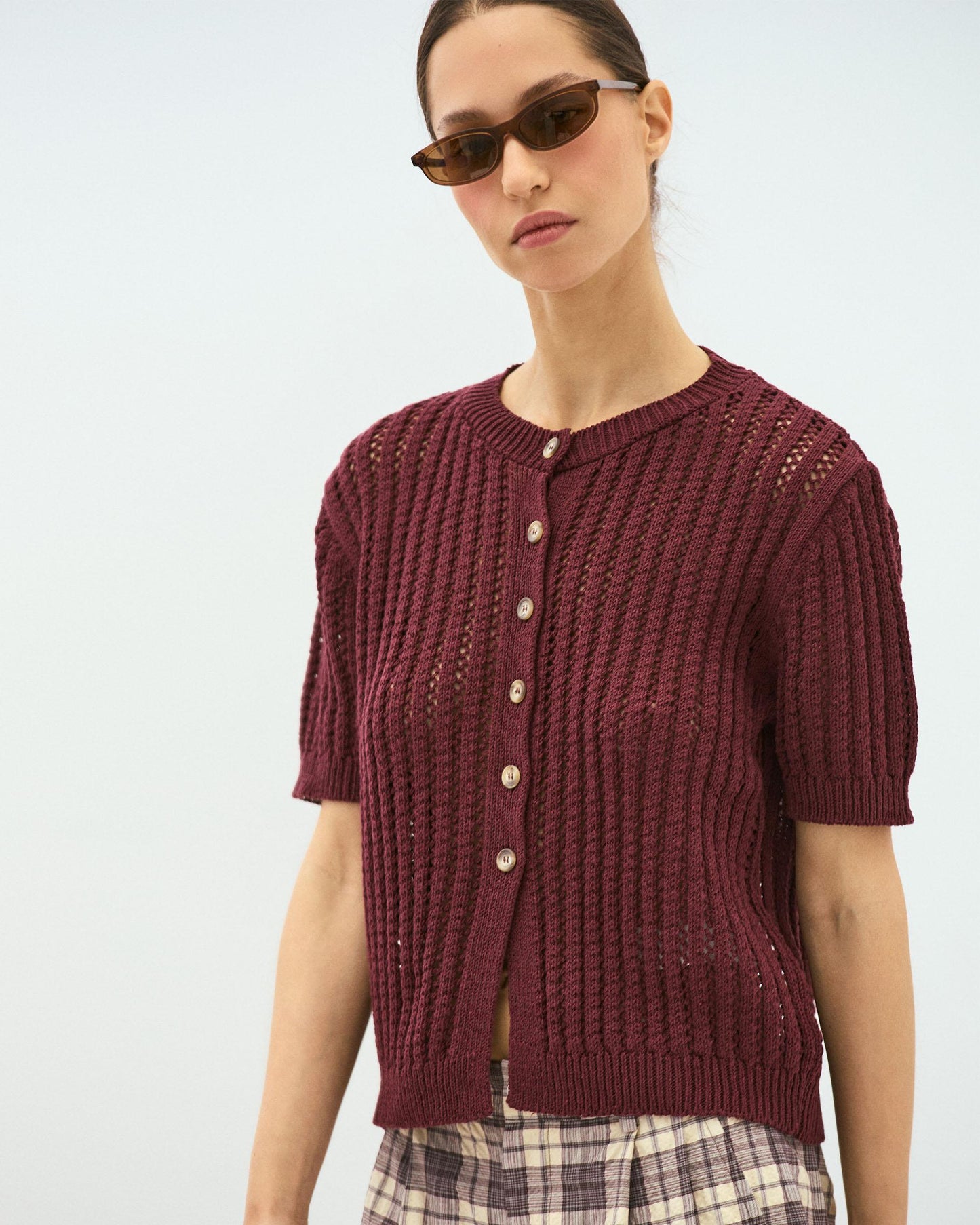 Burgundy Openwork Short Sleeve Top