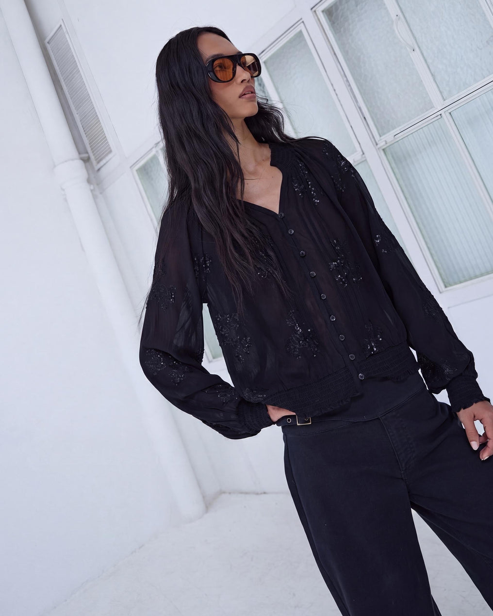 Black Sequin Blouse with Elasticated Hem