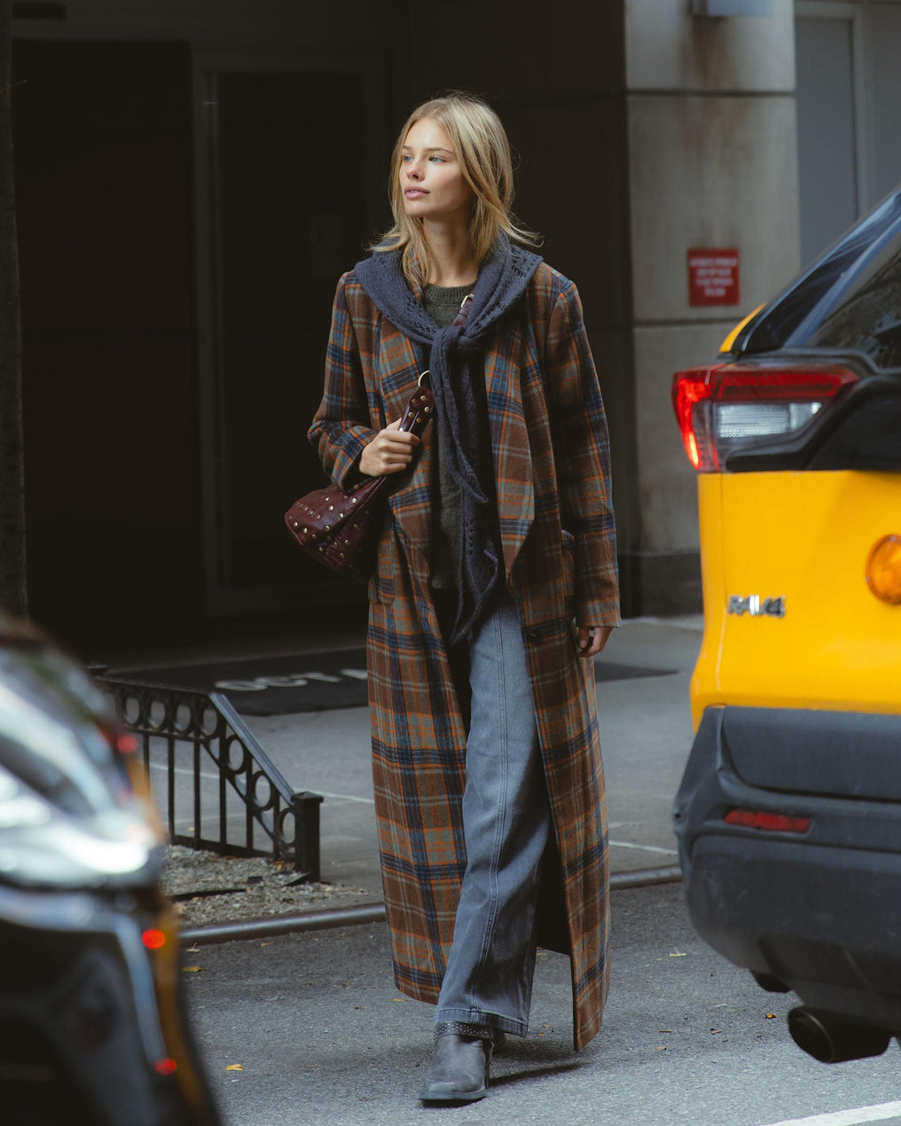 Long Coat with Lapel, Checkered Beige