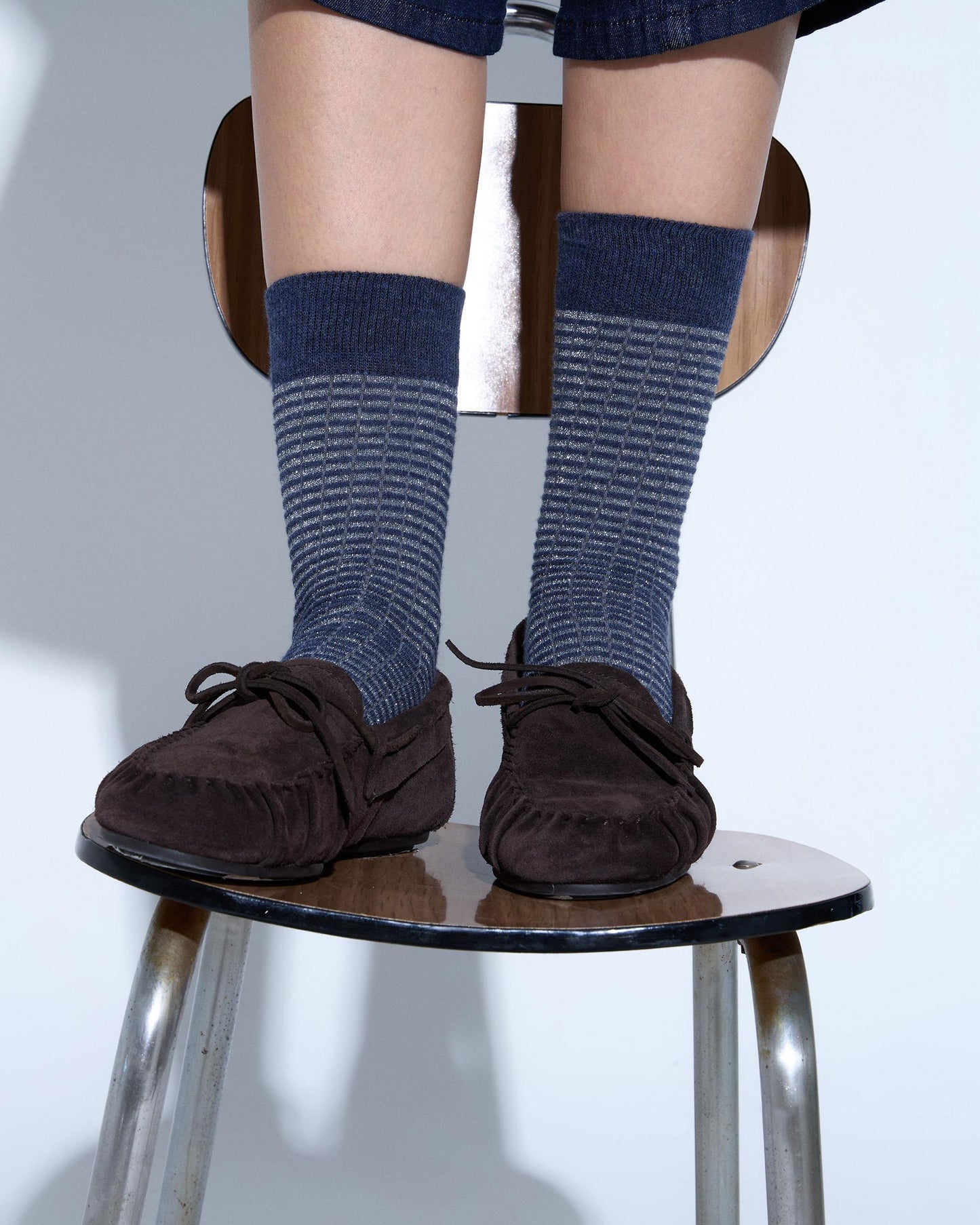 Dark Blue Lurex Striped Mid-Calf Socks