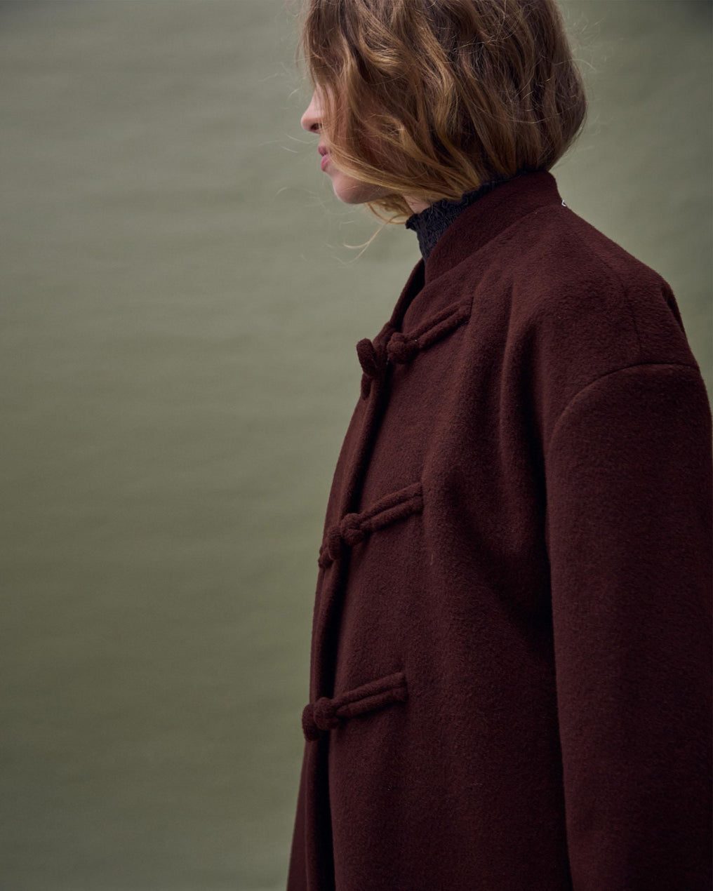 Long Side Fastening Wool Coat Maroon