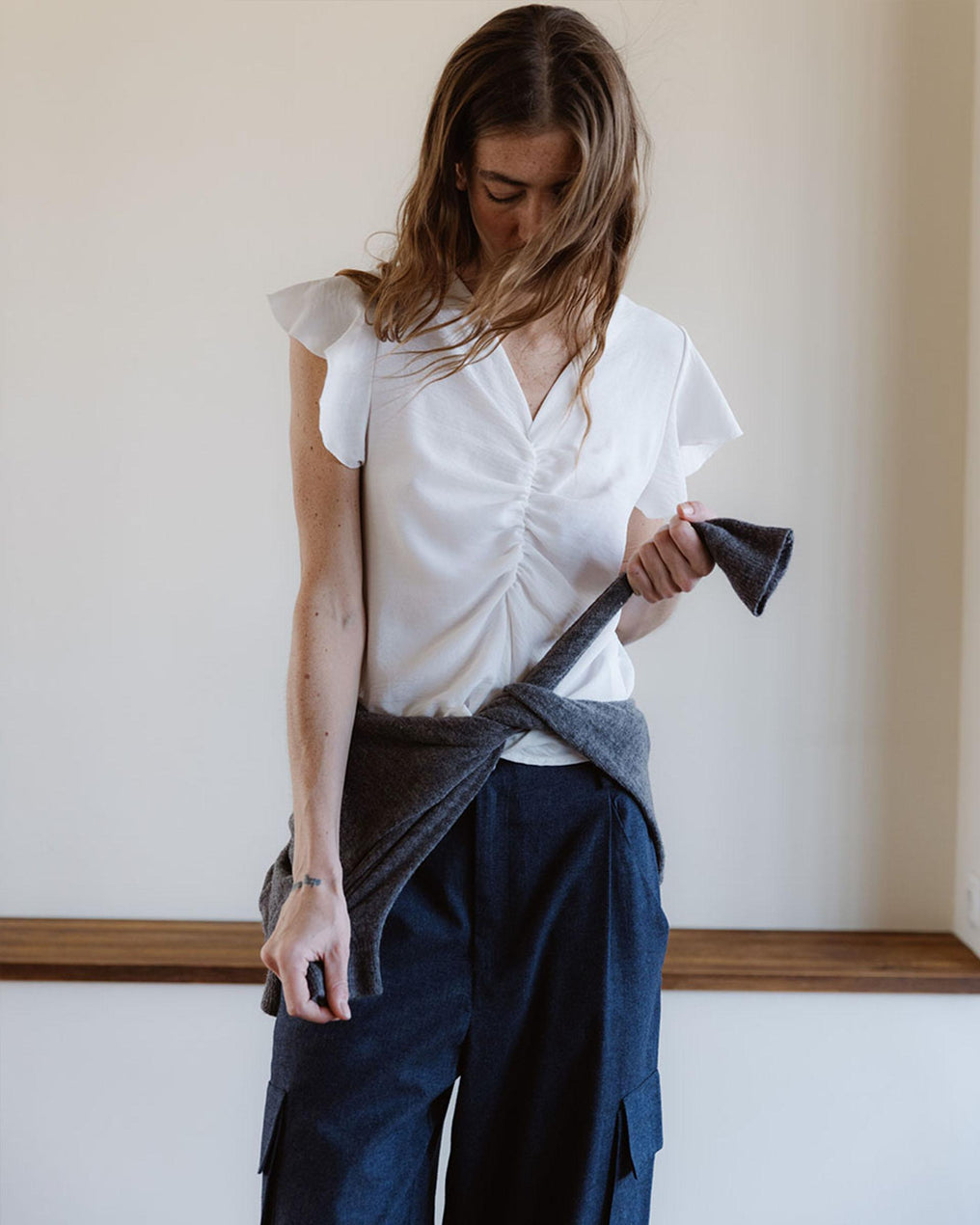 White Gathered Short Sleeve Blouse