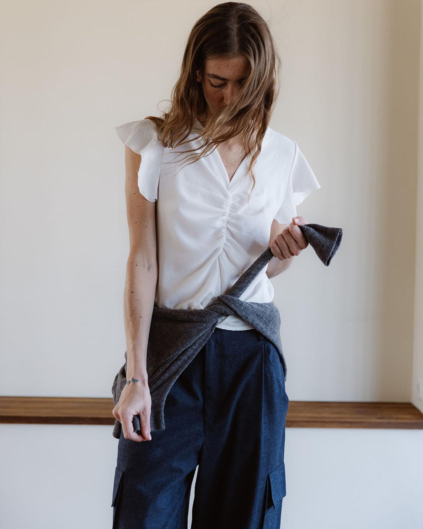 White Gathered Short Sleeve Blouse