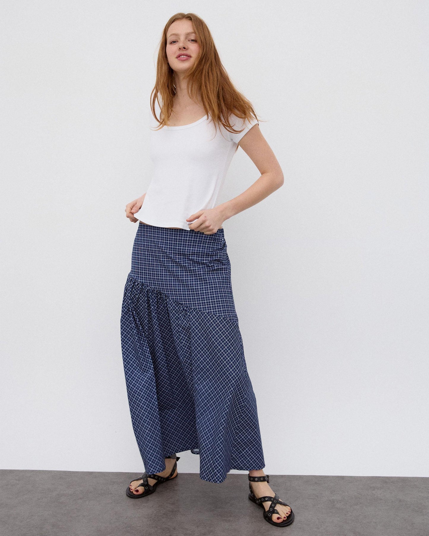 Dark Blue Plaid Asymmetrical Yoke Skirt