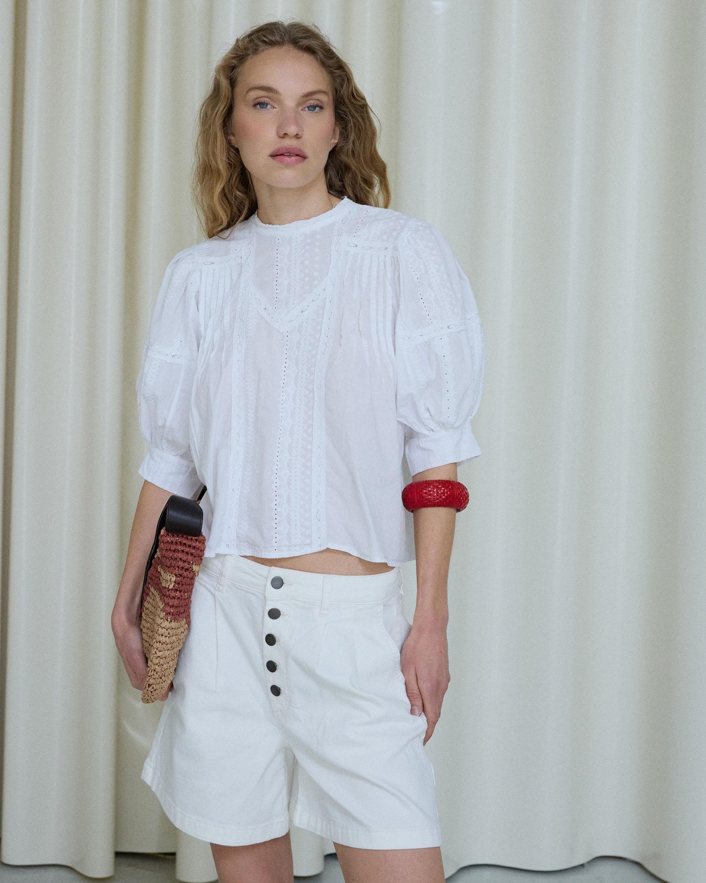 Blouse Manche Française Dentelles Coulisses Blanc