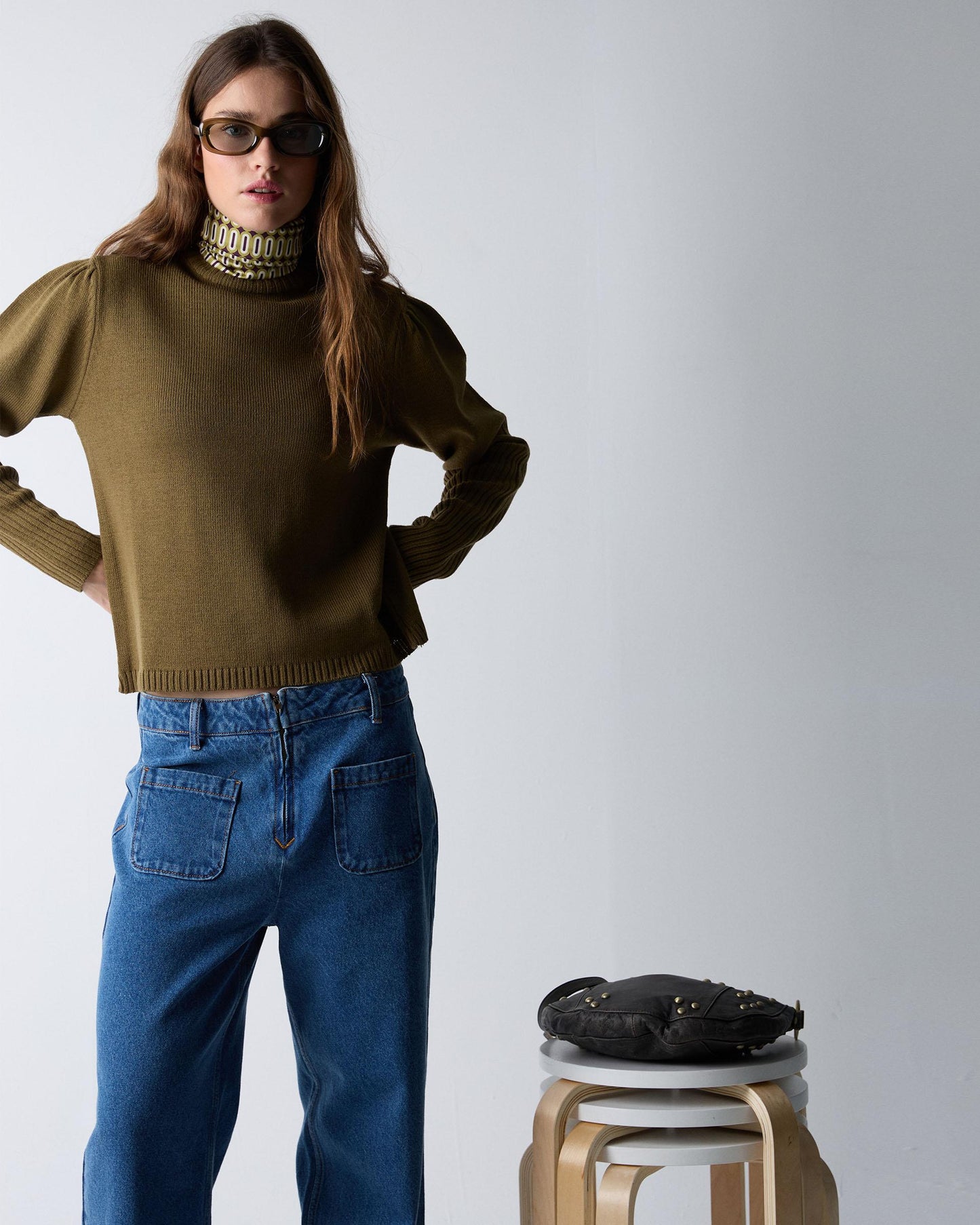 Jersey Pliegues Hombros Rib Mangas Kaki