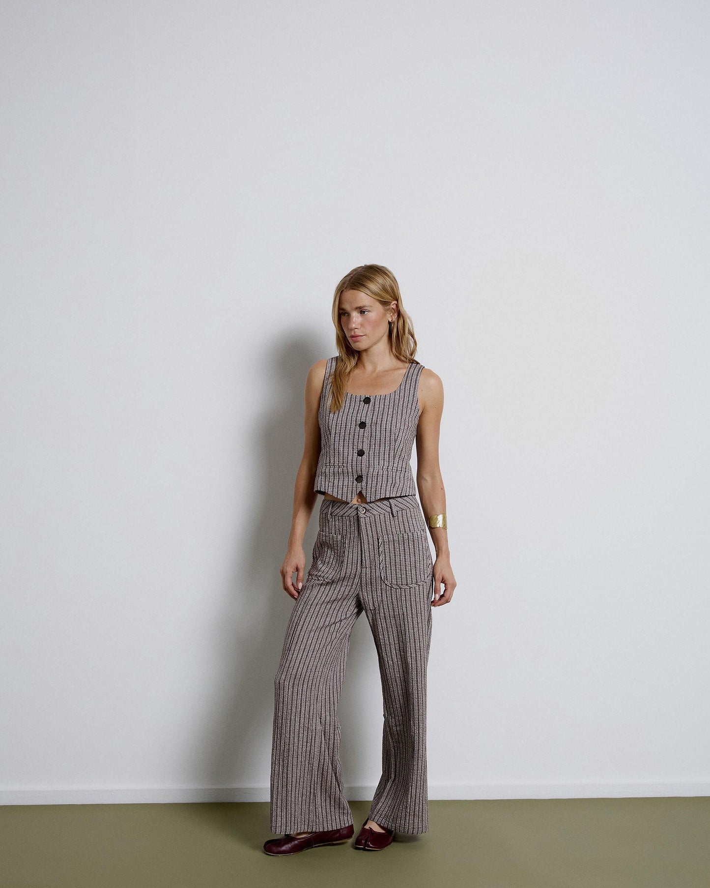Striped Pants with Brown Patch Pockets