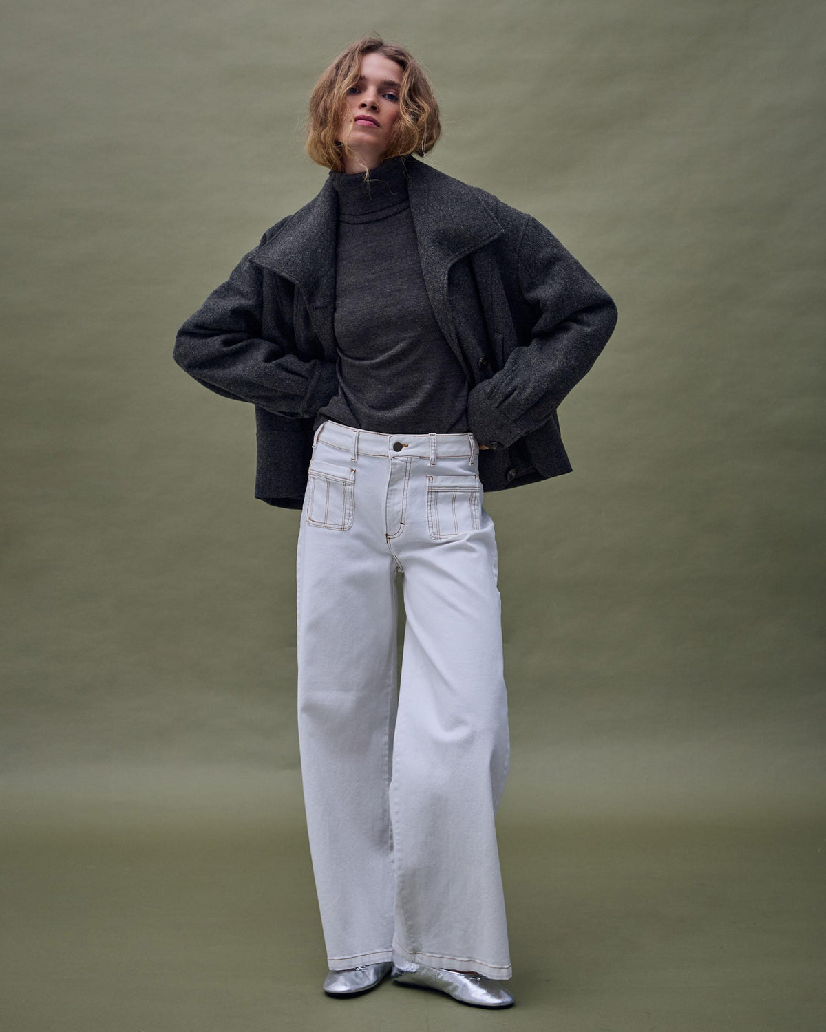 Short Wide Collar Wool Blend Coat Anthracite