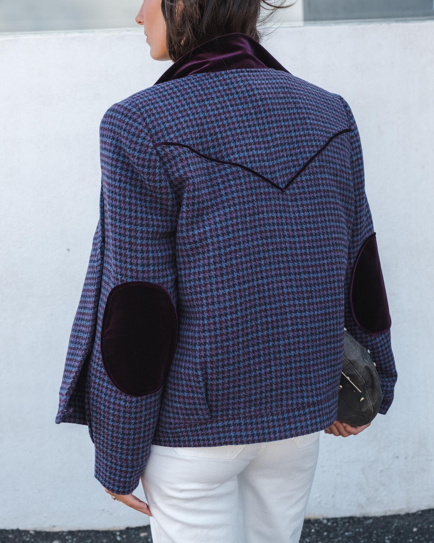 Casaco bomber de veludo contrastante com mistura de lã roxa