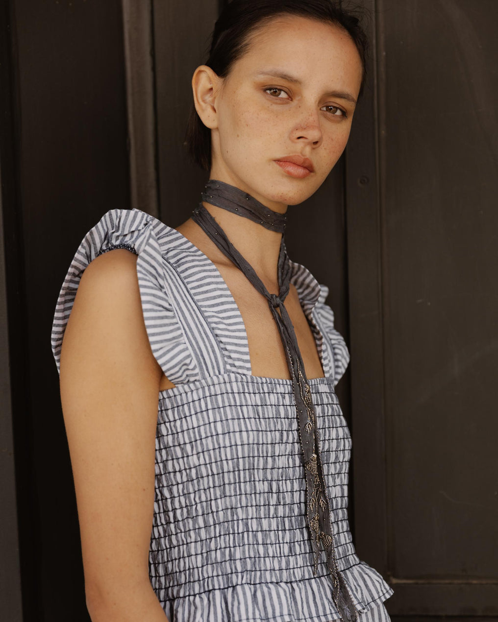 Vestido Gomas Volantes Azul