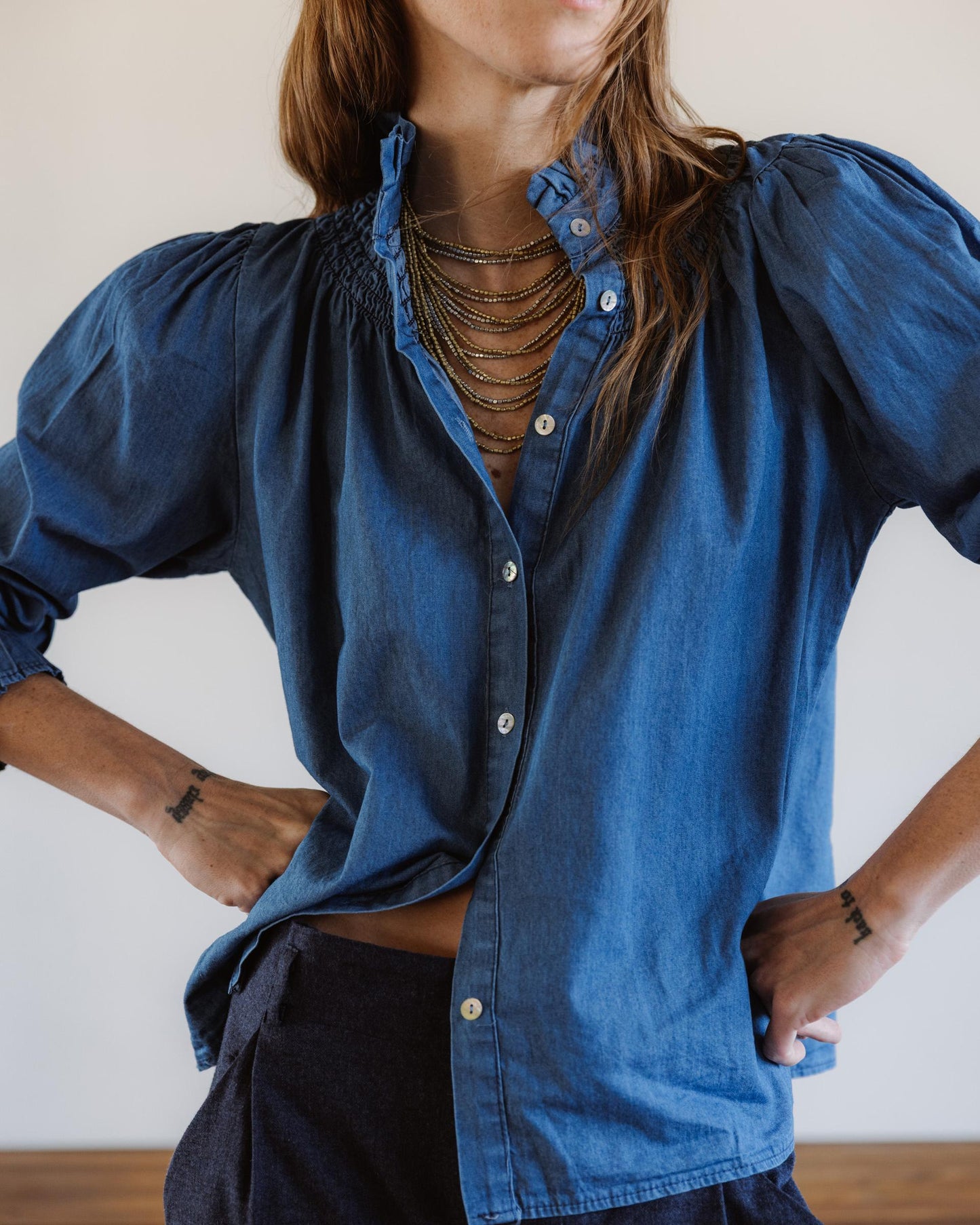 Blouse Col Montant Type Denim Bleu Jean