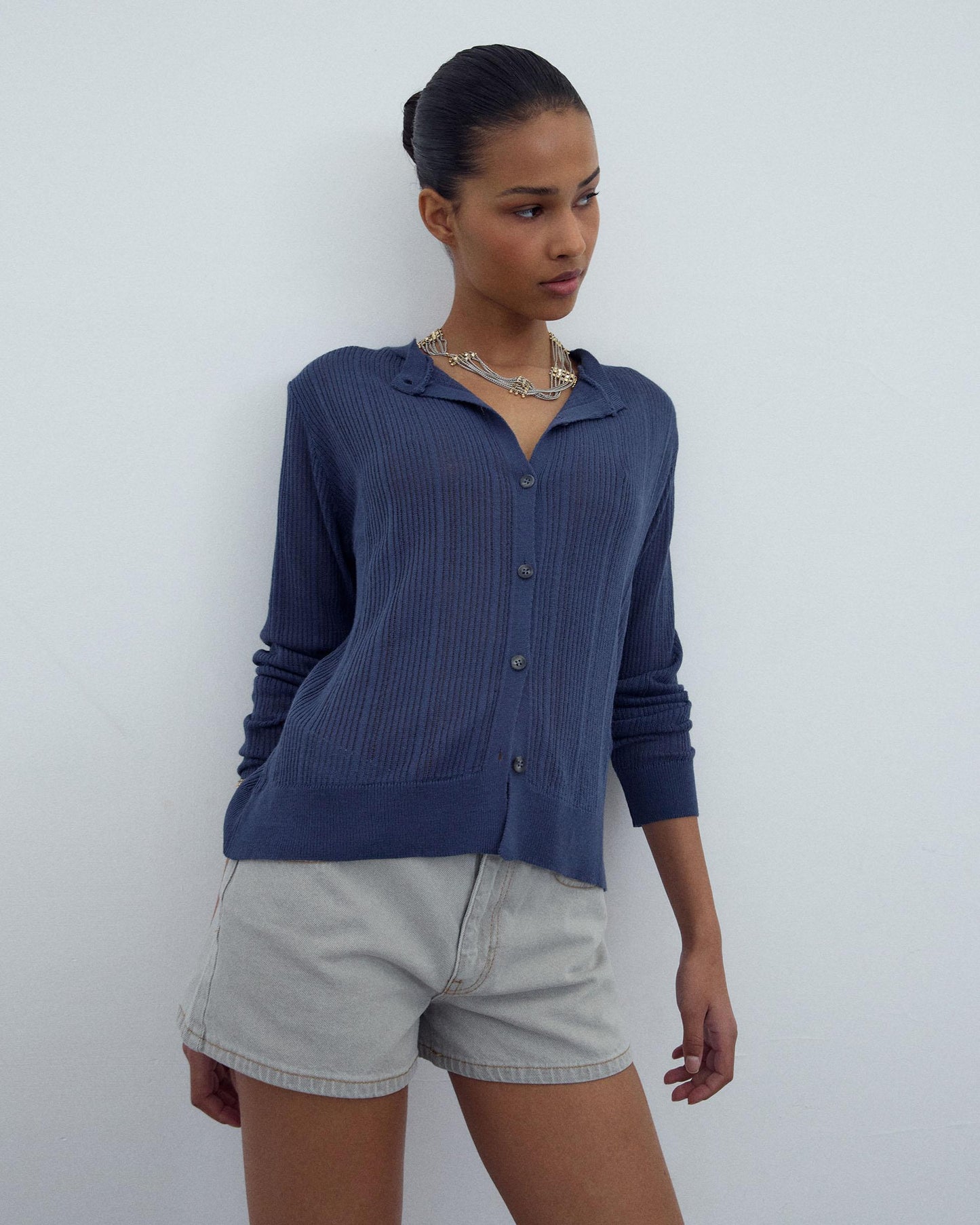Veste Maille Côtelé Bleu