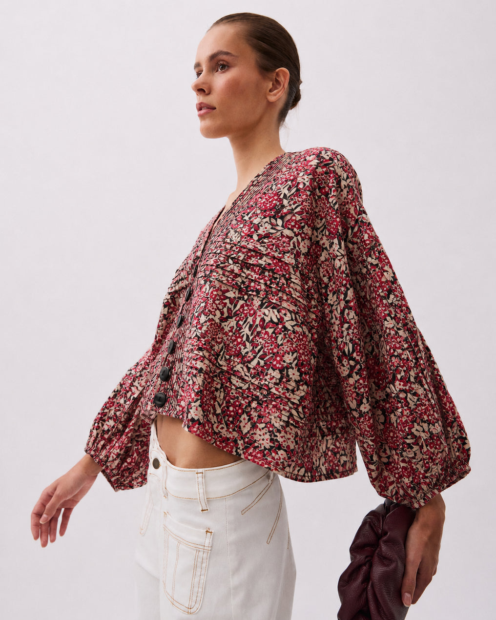 Blusa Pliegues Estampado Floral Granate
