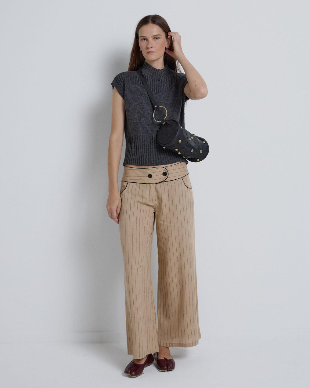 Striped Pants with Contrast Waistband in Camel