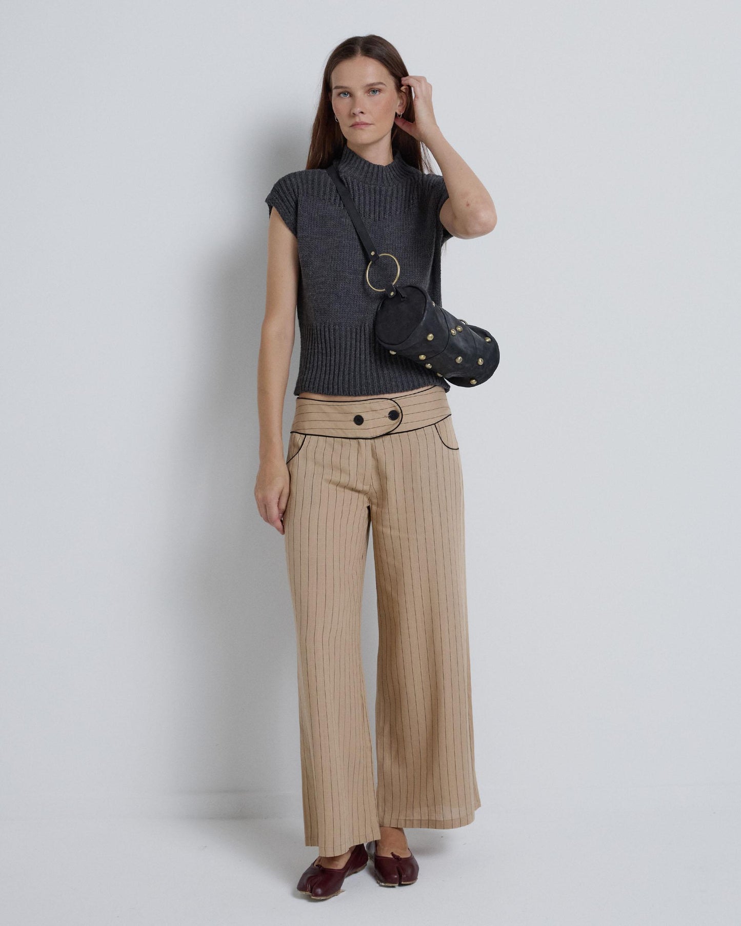 Striped Pants with Contrast Waistband in Camel