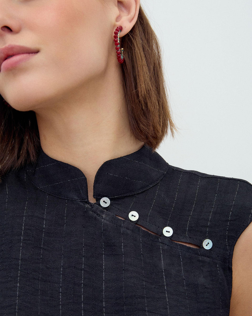 Sleeveless Blouse Side Buttons Lurex Stripe Black