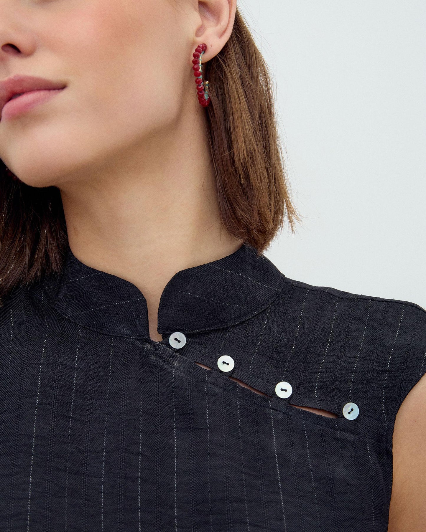 Sleeveless Blouse Side Buttons Lurex Stripe Black