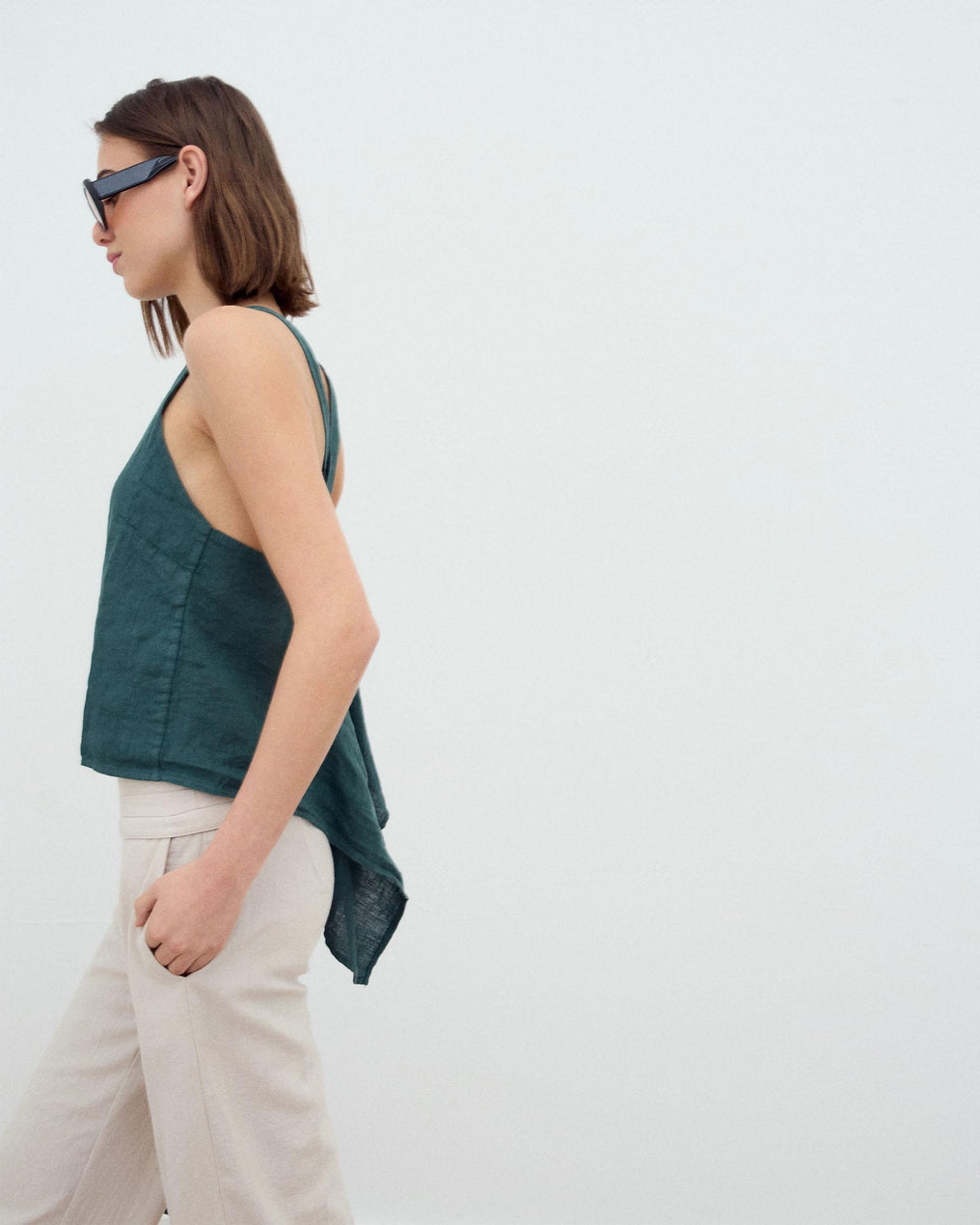 Dark Green Backless Linen Top